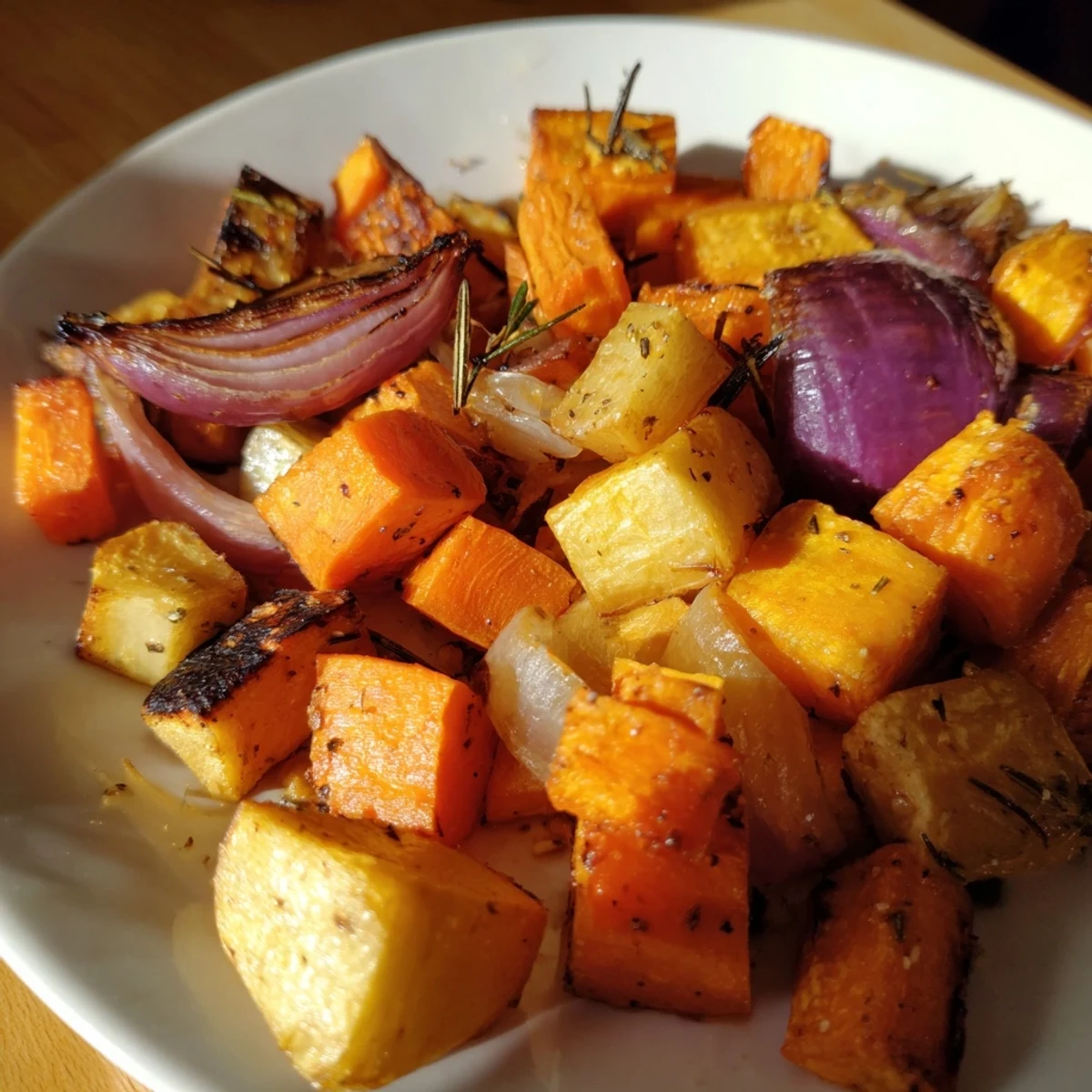 Roasted Root Vegetable Medley served hot with caramelized edges, garnished with fresh parsley and a drizzle of balsamic vinegar.  