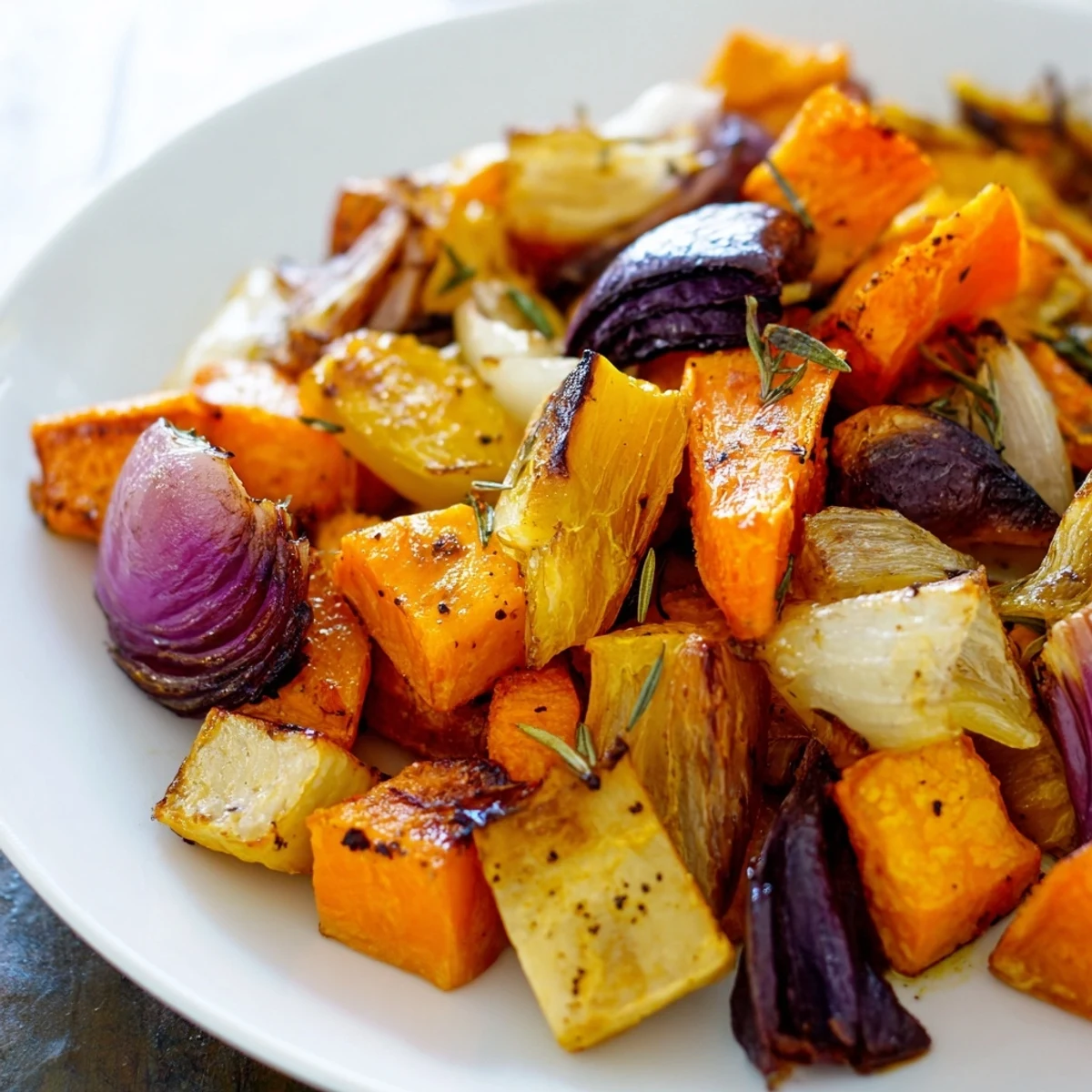A colorful Roasted Root Vegetable Medley on a platter, perfect as a healthy vegan side dish for autumn meals.