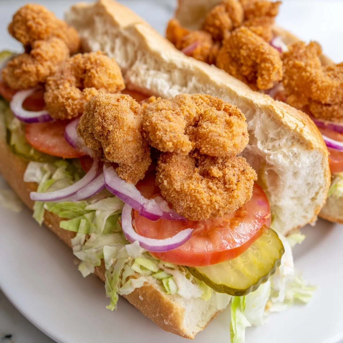 Golden fried shrimp piled high on a toasted baguette with crisp lettuce, tomatoes, and creamy remoulade sauce.