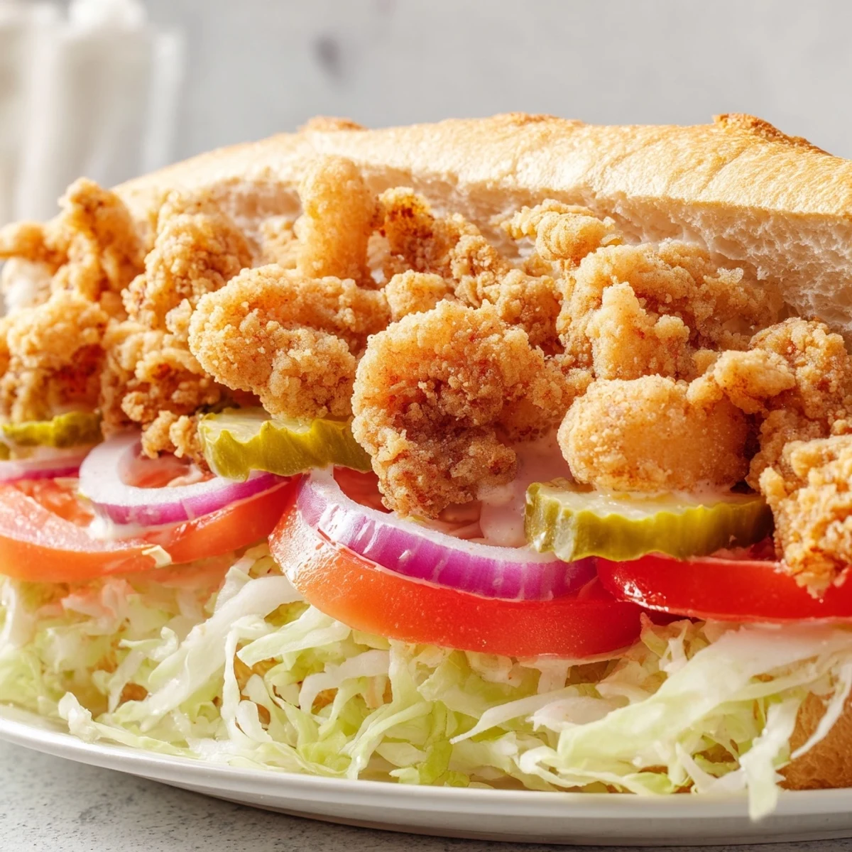 A classic Shrimp Po Boy with remoulade sauce, featuring crispy fried shrimp and fresh toppings on a crusty roll.