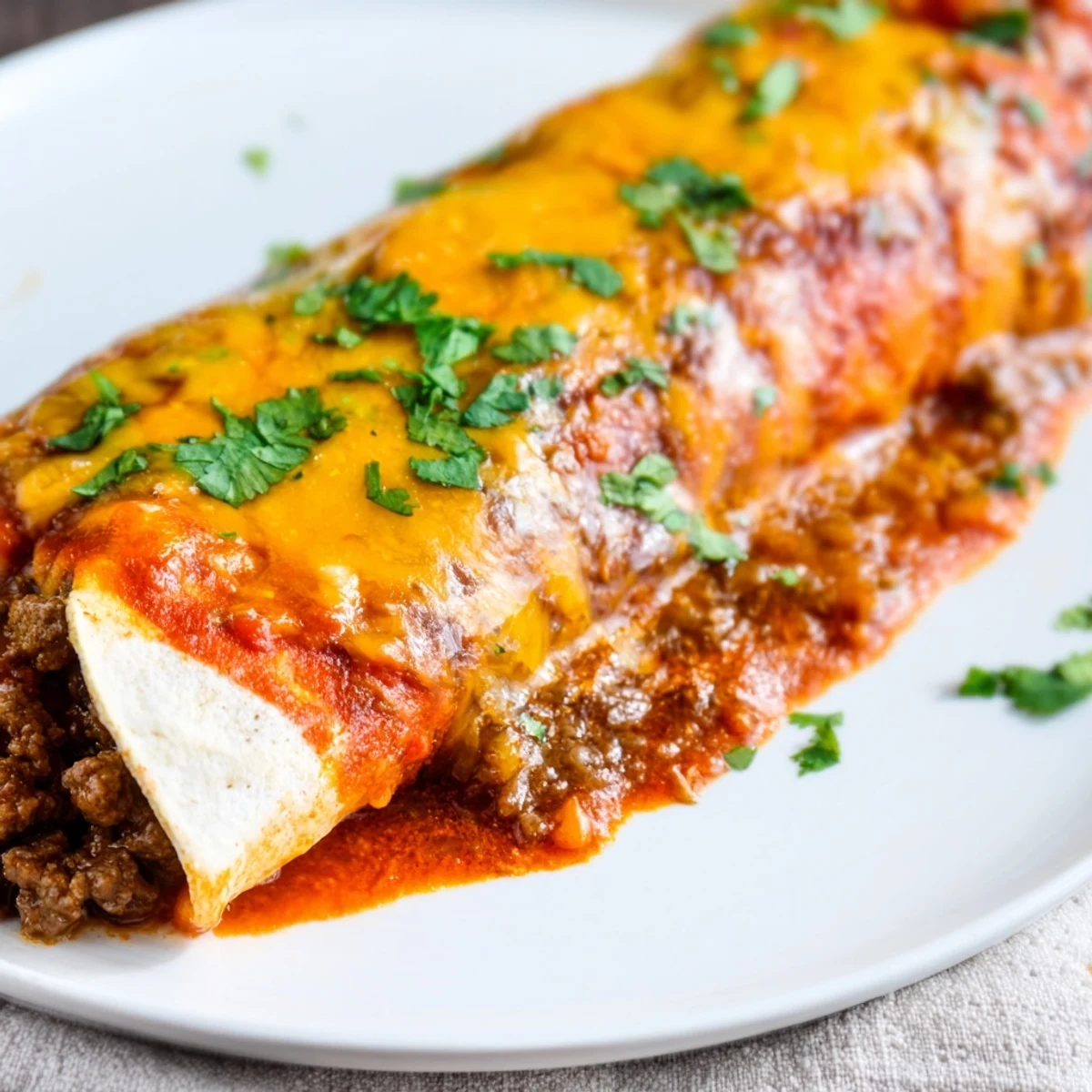 A close-up of Beef Enchiladas with Red Sauce, featuring tender beef filling inside warm tortillas, generously smothered in a rich, homemade red enchilada sauce and topped with melted cheese.