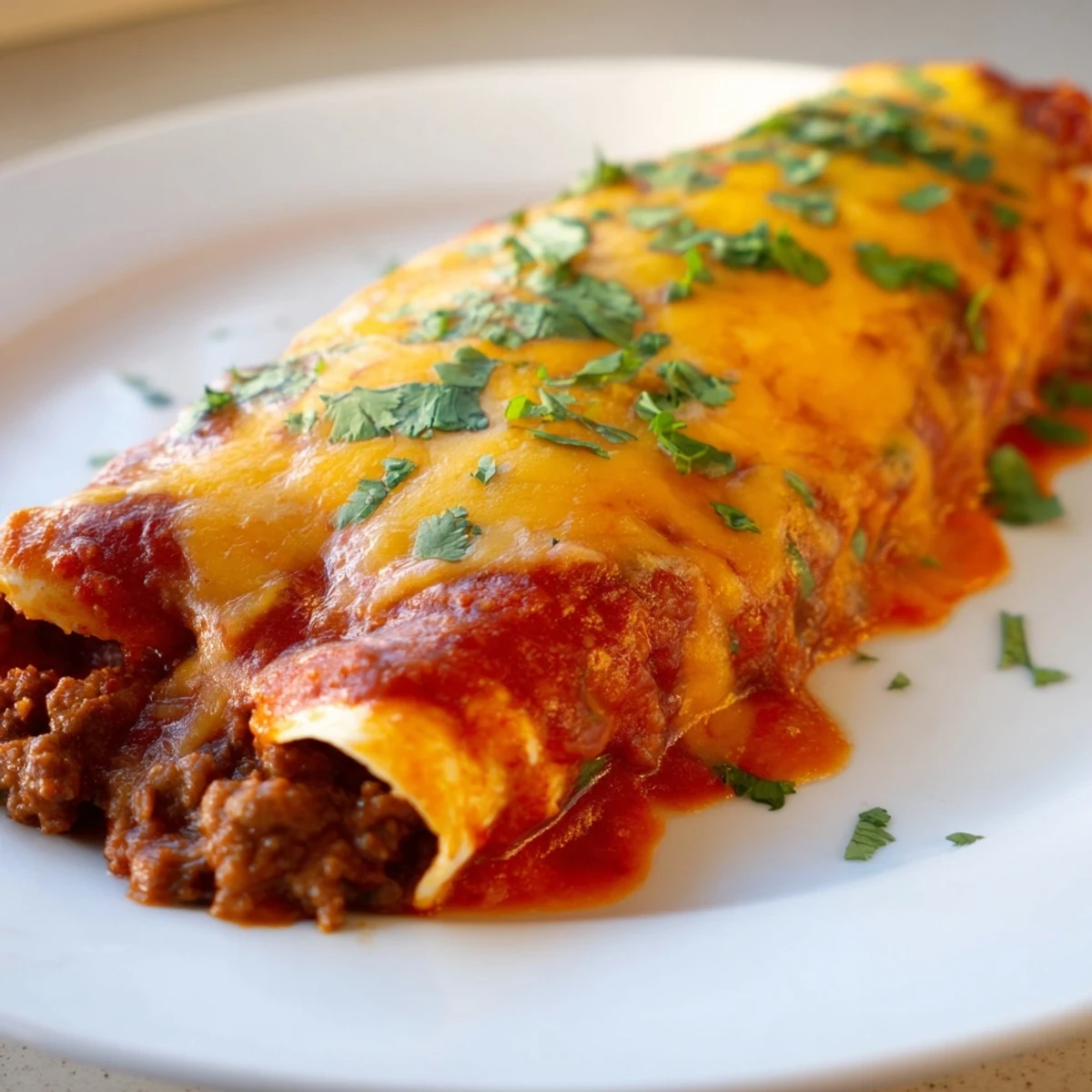 Golden, bubbly Beef Enchiladas with Red Sauce are arranged in a casserole dish, highlighting the savory beef, soft tortillas, and vibrant red sauce.