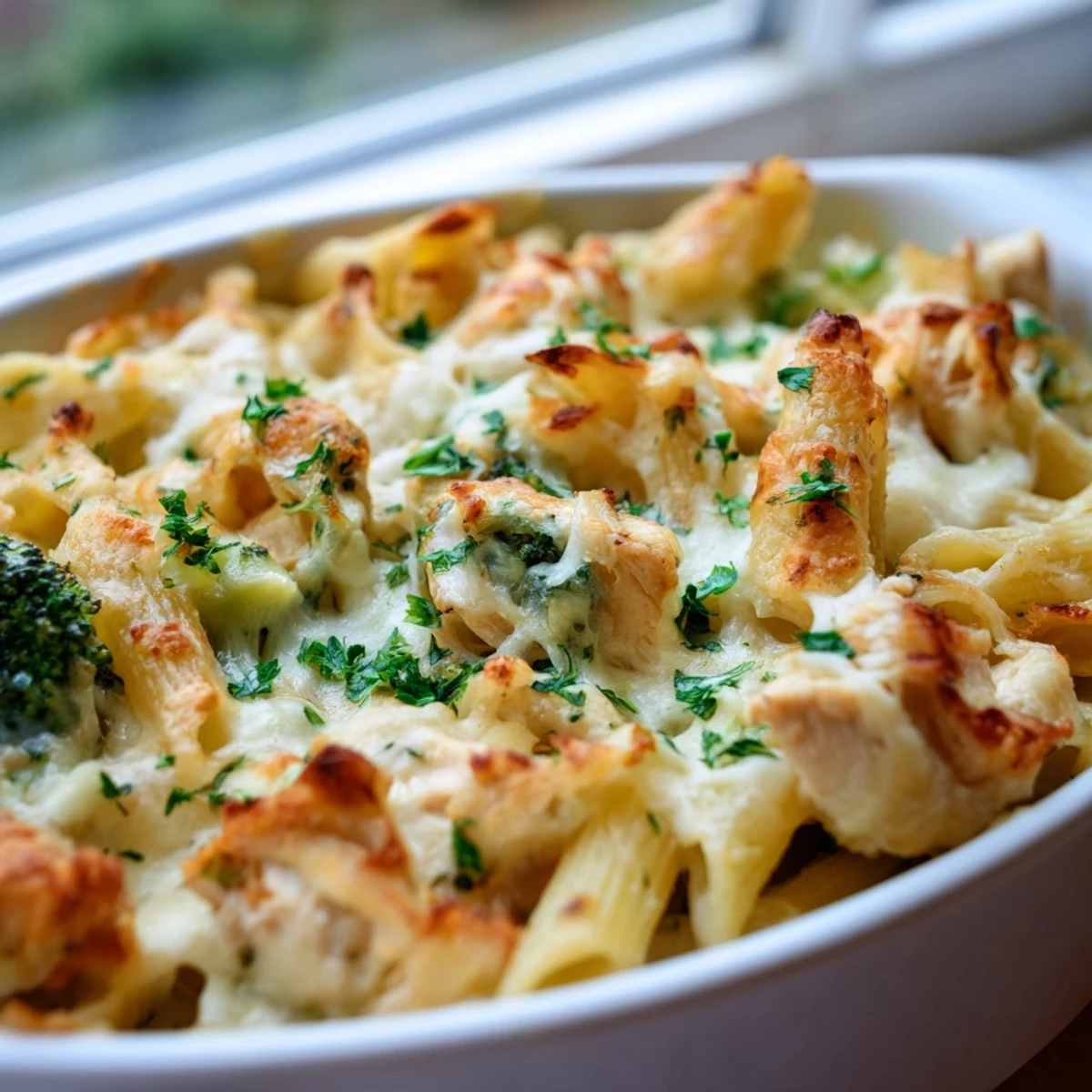 A close-up of golden, bubbly Chicken Alfredo Bake with Broccoli in a 9x13 dish, melted cheese topping creamy pasta, chicken, and bright green broccoli florets.