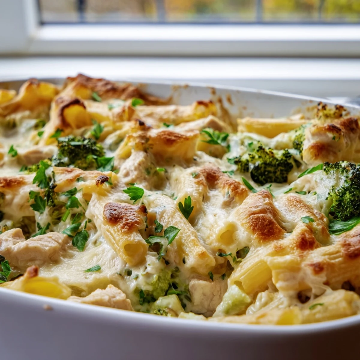 Freshly baked Chicken Alfredo Bake with Broccoli emerging from the oven, steam rising from the rich, creamy sauce and golden-brown cheese crust on pasta and tender chicken.