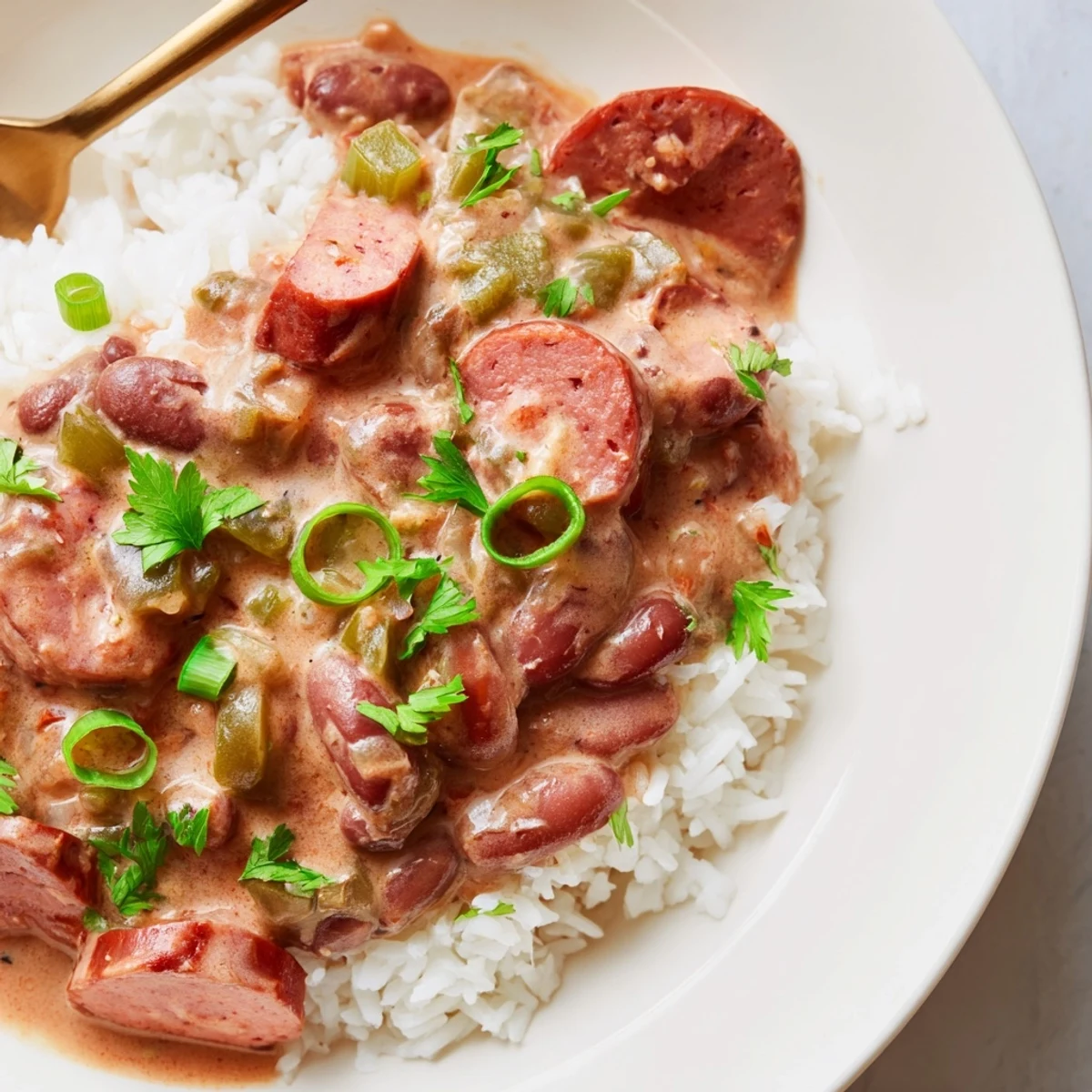 A bowl of New Orleans Red Beans and Rice with Turkey Sausage, topped with fresh parsley and green onions, served alongside a dash of hot sauce.  