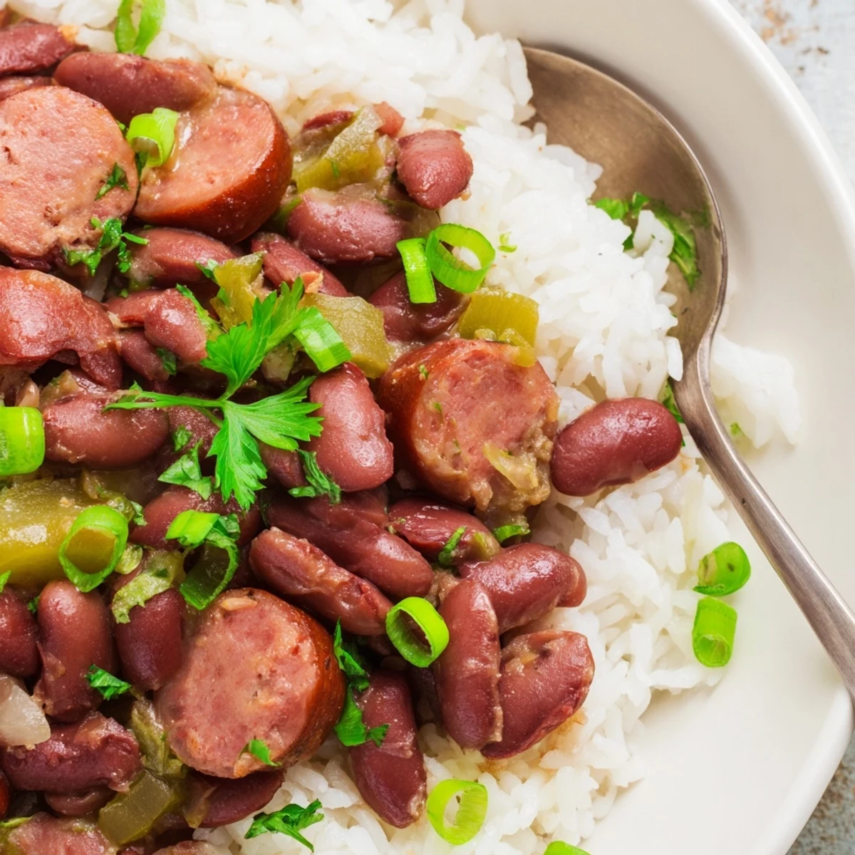 Hearty New Orleans Red Beans and Rice with Turkey Sausage simmered until creamy, served over fluffy white rice with crusty bread.  