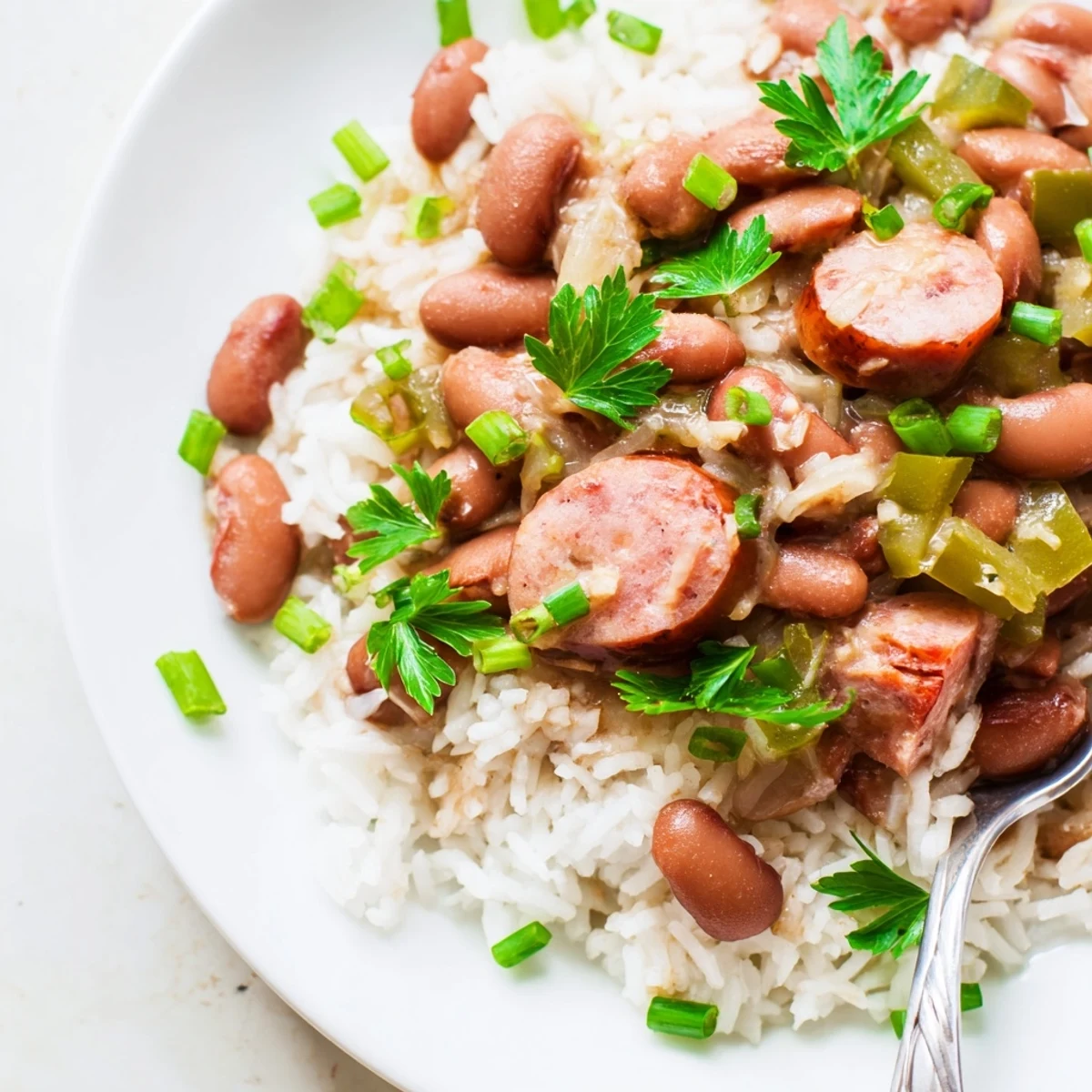 Close-up of New Orleans Red Beans and Rice with Turkey Sausage, showcasing smoky sausage slices and tender beans in a savory gravy.