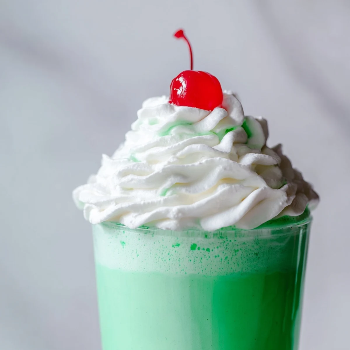 Green Shamrock Shake with Whipped Cream and Cherry in a tall glass, topped with fluffy cream and a bright red maraschino cherry.  