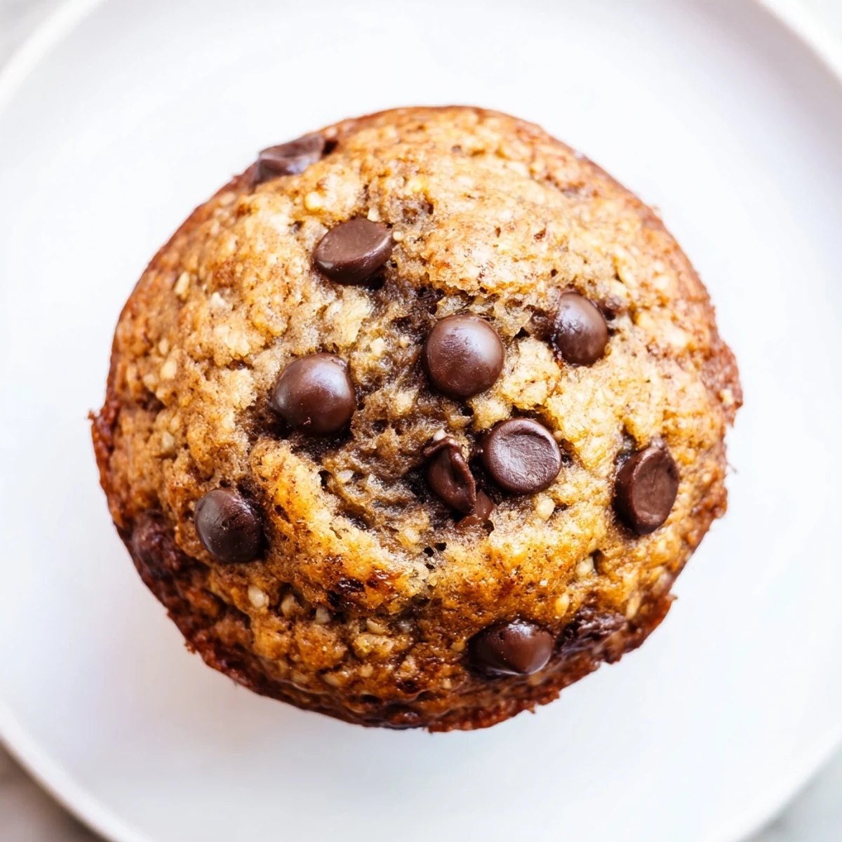 Freshly baked Chocolate Chip Banana Bread Muffins served on a white plate with a glass of milk.