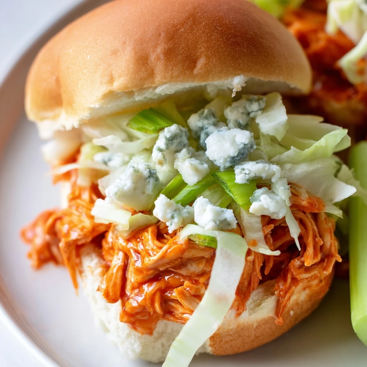 Spicy Buffalo chicken sliders ready to serve, with melted blue cheese sauce, vibrant veggies, and toasted buns—perfect for casual gatherings or party appetizers.