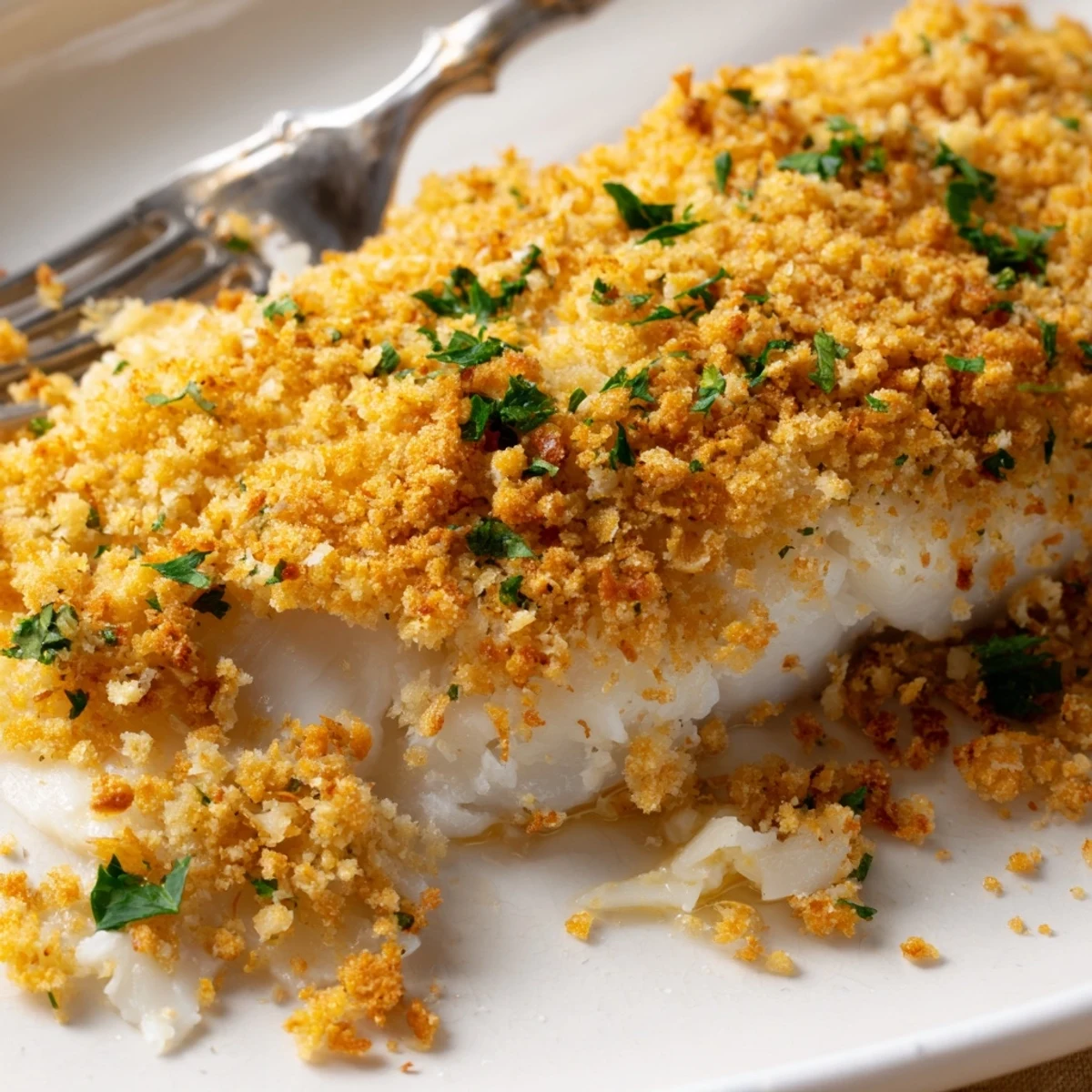 Golden-brown Baked Cod with Cracker Crumb Topping rests in a white baking dish, garnished with fresh parsley and lemon wedges.  