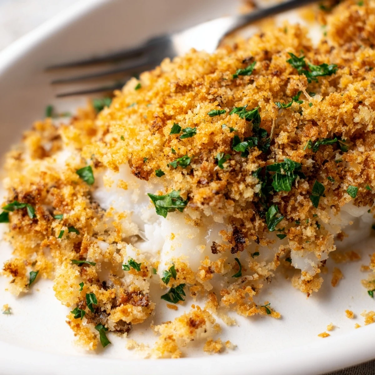 Savory Baked Cod with Cracker Crumb Topping shows flaky fish beneath a buttery, crunchy crust, perfect for weeknight dinners.  