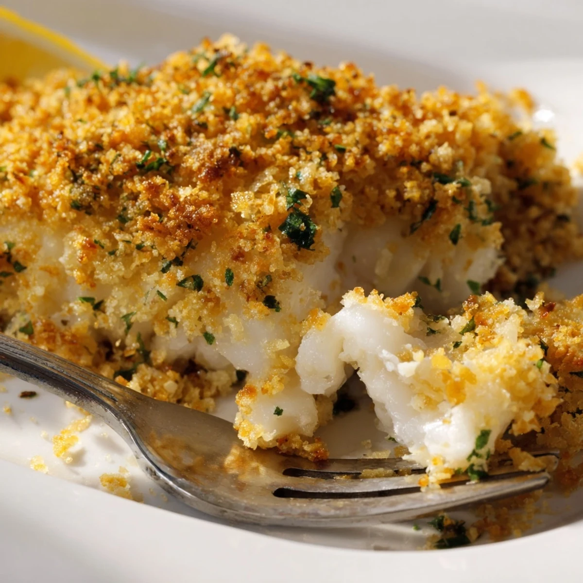 A close-up of Baked Cod with Cracker Crumb Topping highlights the golden crumbs and tender, flaky fish, ready to serve.