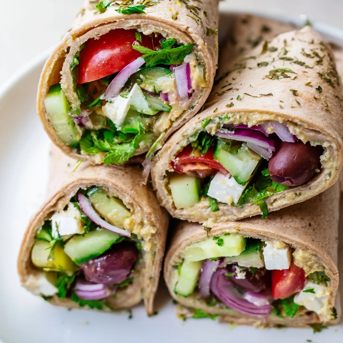 Freshly prepared Mediterranean Wrap with Feta and Olives, sliced to reveal crisp vegetables and creamy cheese on a wooden board.