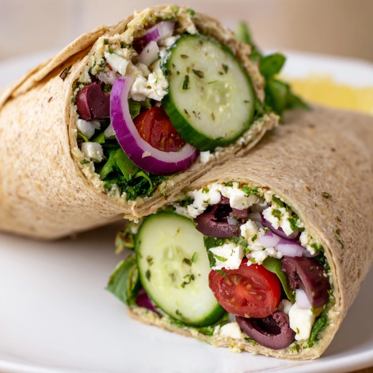 Savory Mediterranean Wrap with Feta and Olives, drizzled with olive oil and herbs, ready to eat on a rustic plate.