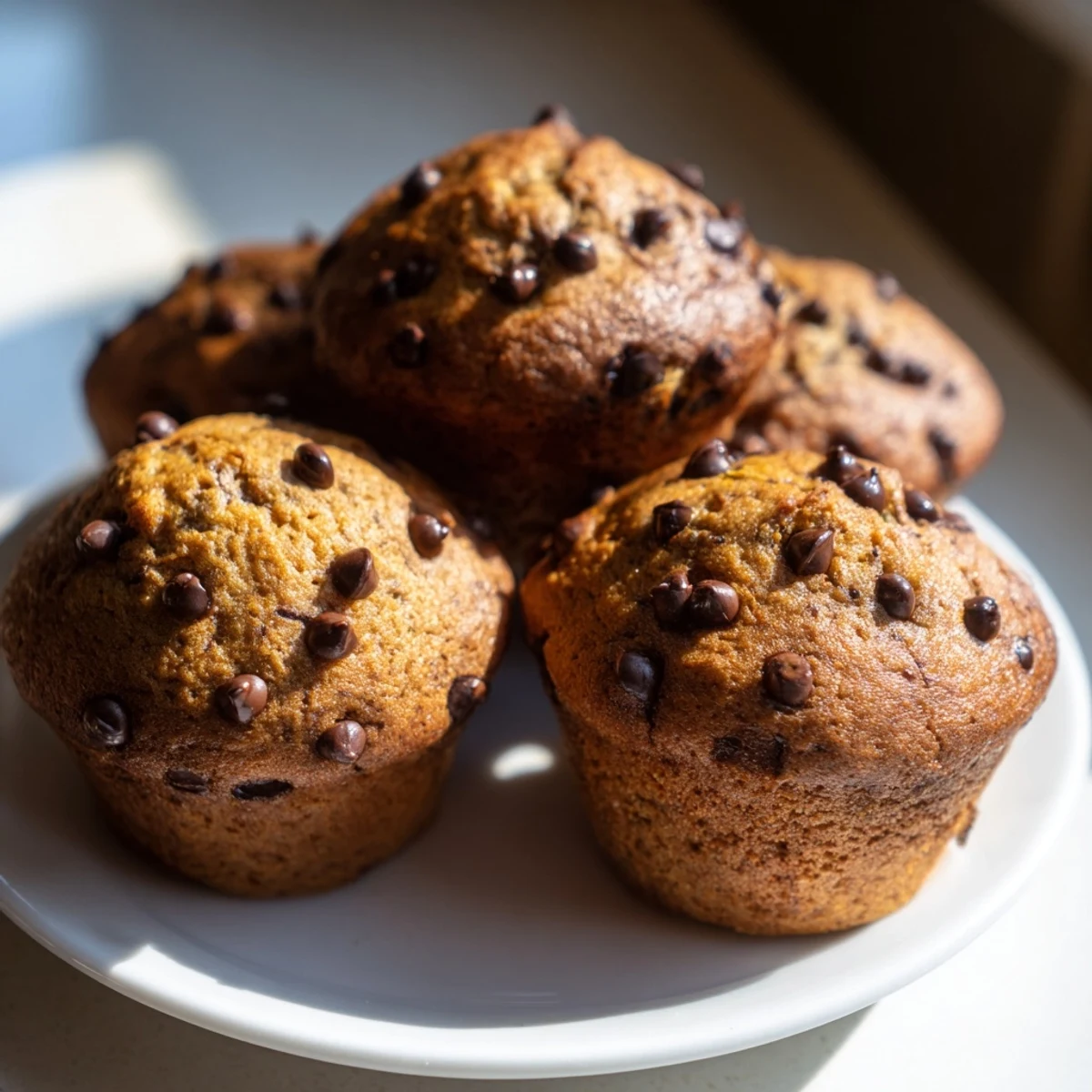 Warm Chocolate Banana Muffins cooling on a rack, filled with ripe bananas and rich cocoa.