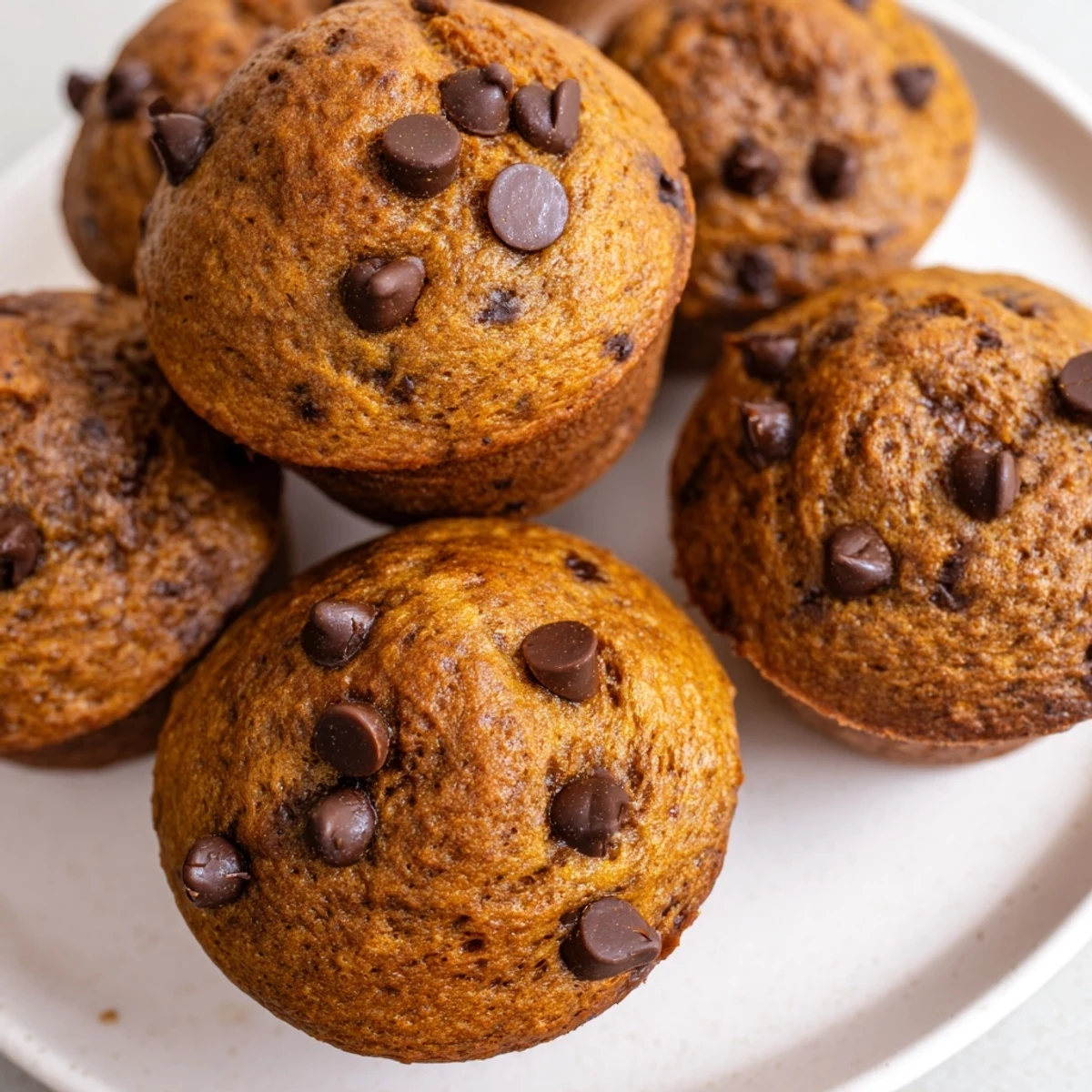 Freshly baked Chocolate Banana Muffins topped with extra chips, ideal for dessert or sweet snacks.