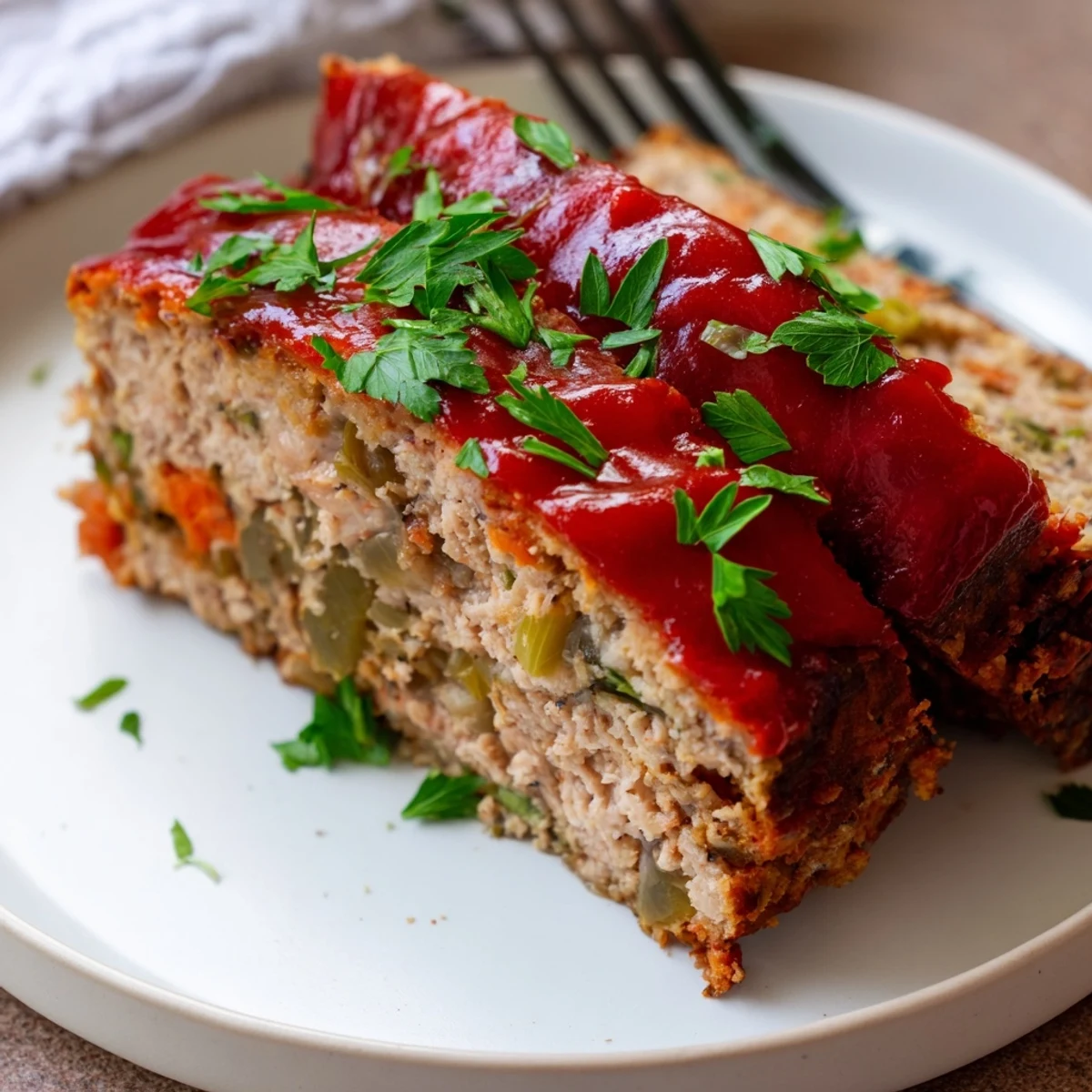 A freshly baked Turkey Meatloaf with Ketchup Glaze glistening on a rustic cutting board, ready to slice.