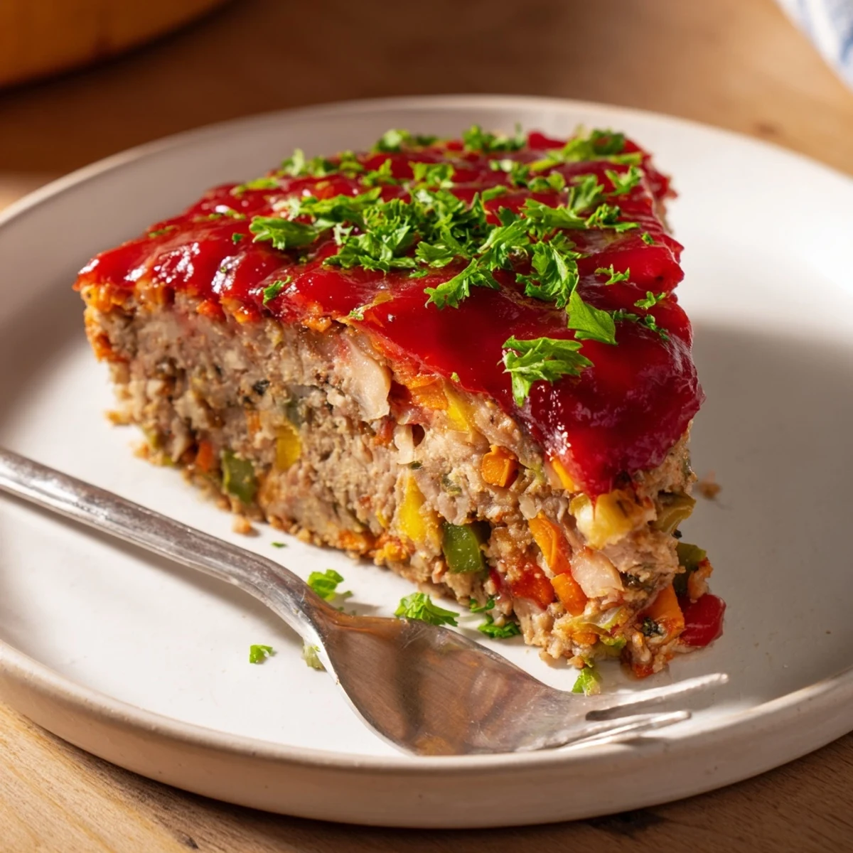Sliced Turkey Meatloaf with Ketchup Glaze reveals a moist interior and tender vegetable flecks for a hearty meal.
