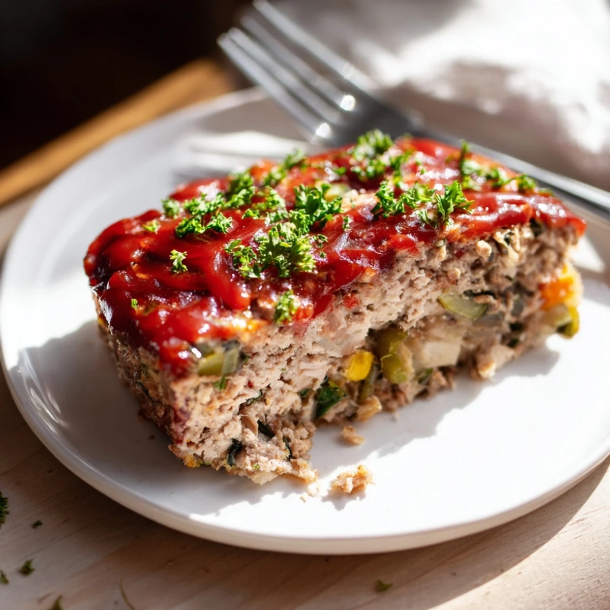 Golden-brown Turkey Meatloaf with Ketchup Glaze rests on a wooden board, garnished with fresh parsley and ready to serve.