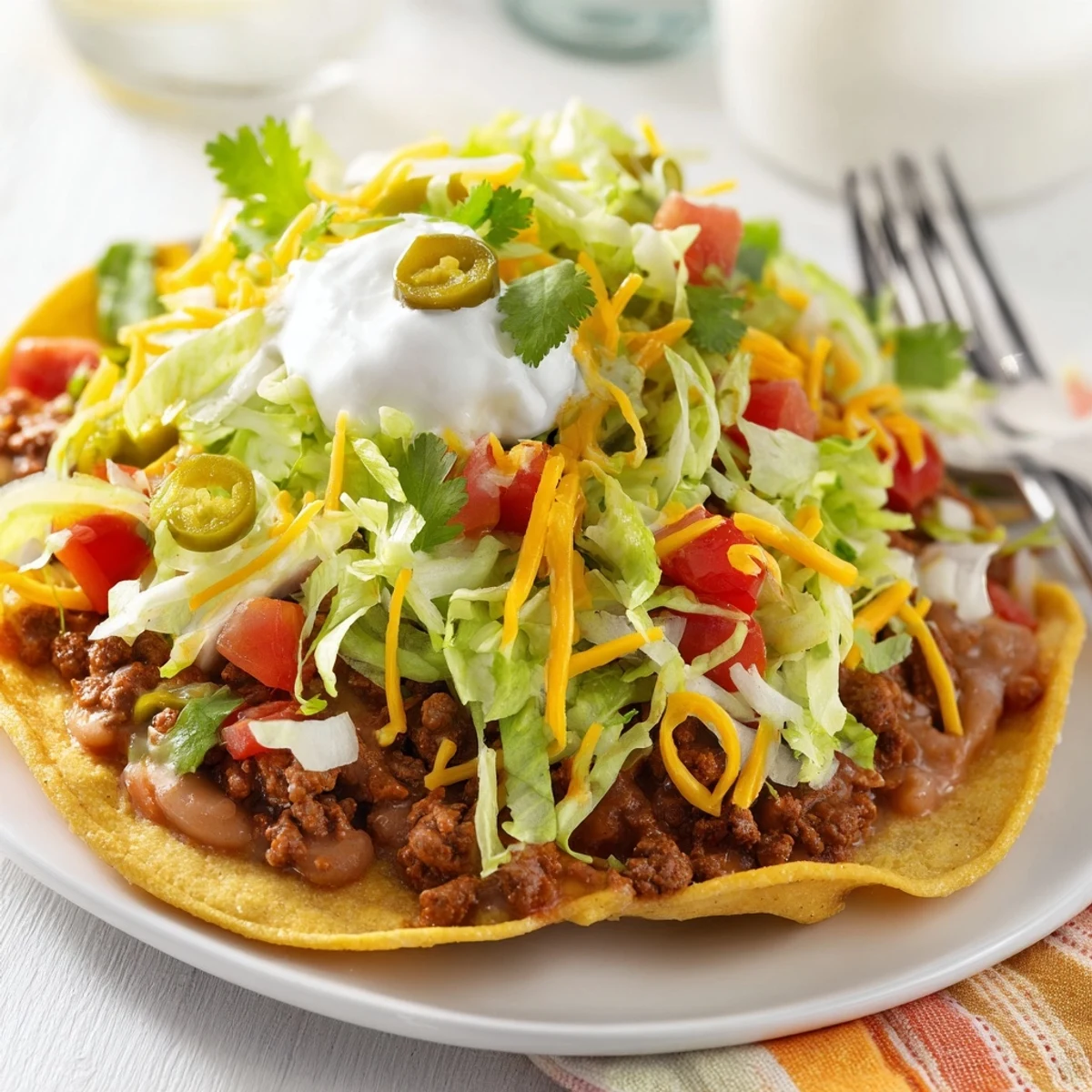 Golden crispy corn tostadas piled high with savory seasoned ground beef, creamy refried beans, and gooey melted cheese, garnished with fresh lettuce and tomatoes.