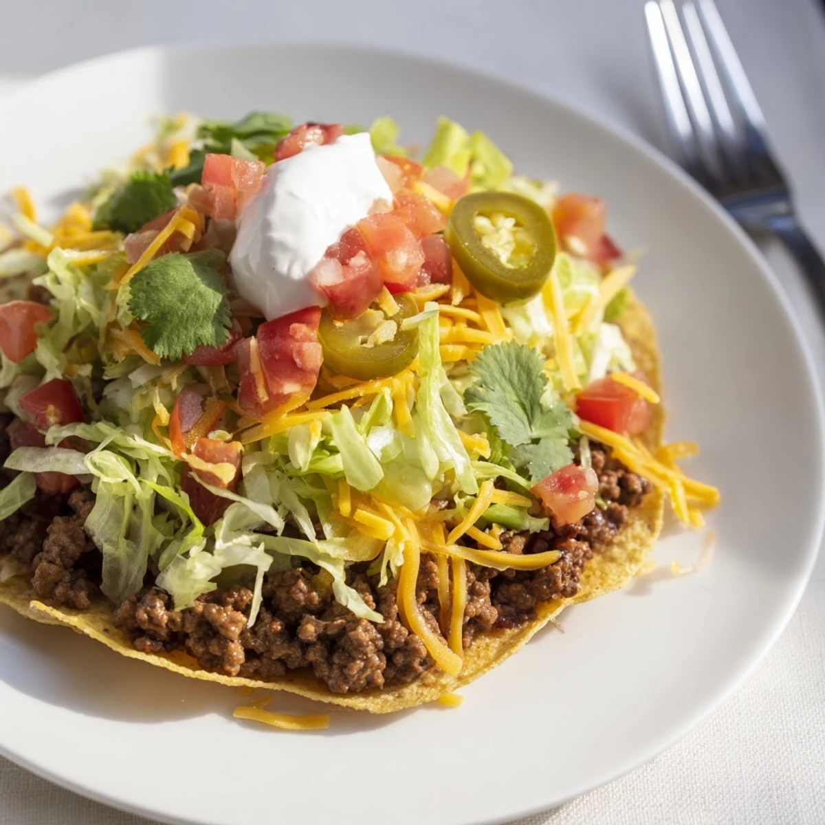 A close-up of a beef tostada with beans and cheese, topped with sour cream, cilantro, and a lime wedge on a rustic plate.