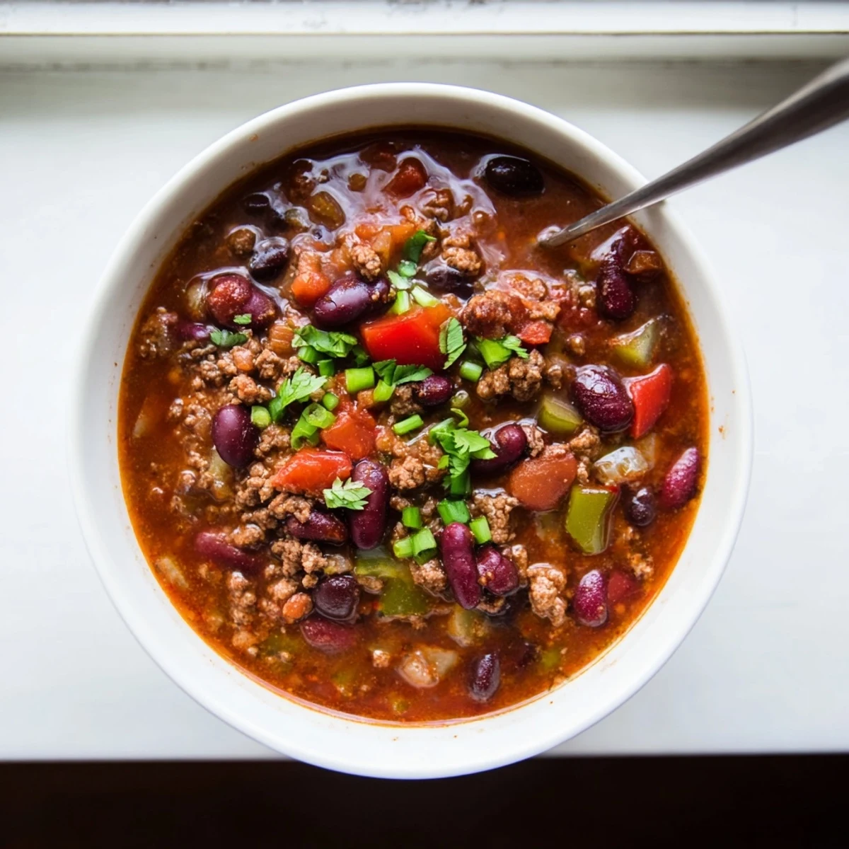 A close-up of Slow Cooker Chili with Ground Beef, featuring tender beans and tomatoes in a rich, aromatic sauce.  