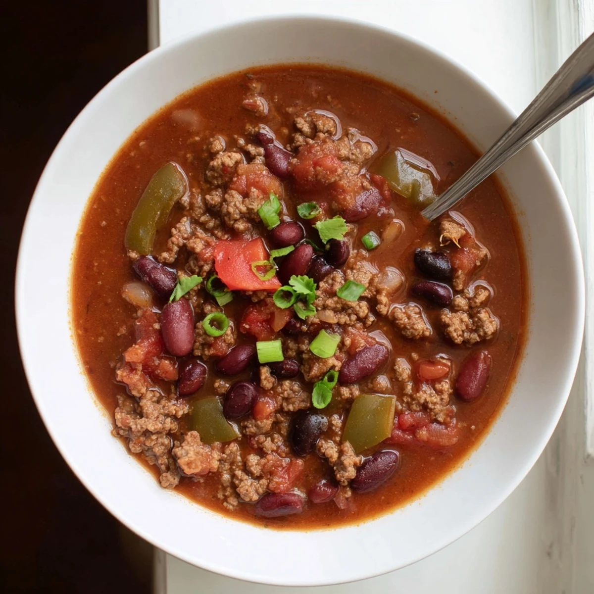 Hearty Slow Cooker Chili with Ground Beef simmered with bell peppers, onions, and spices, ready to serve.  