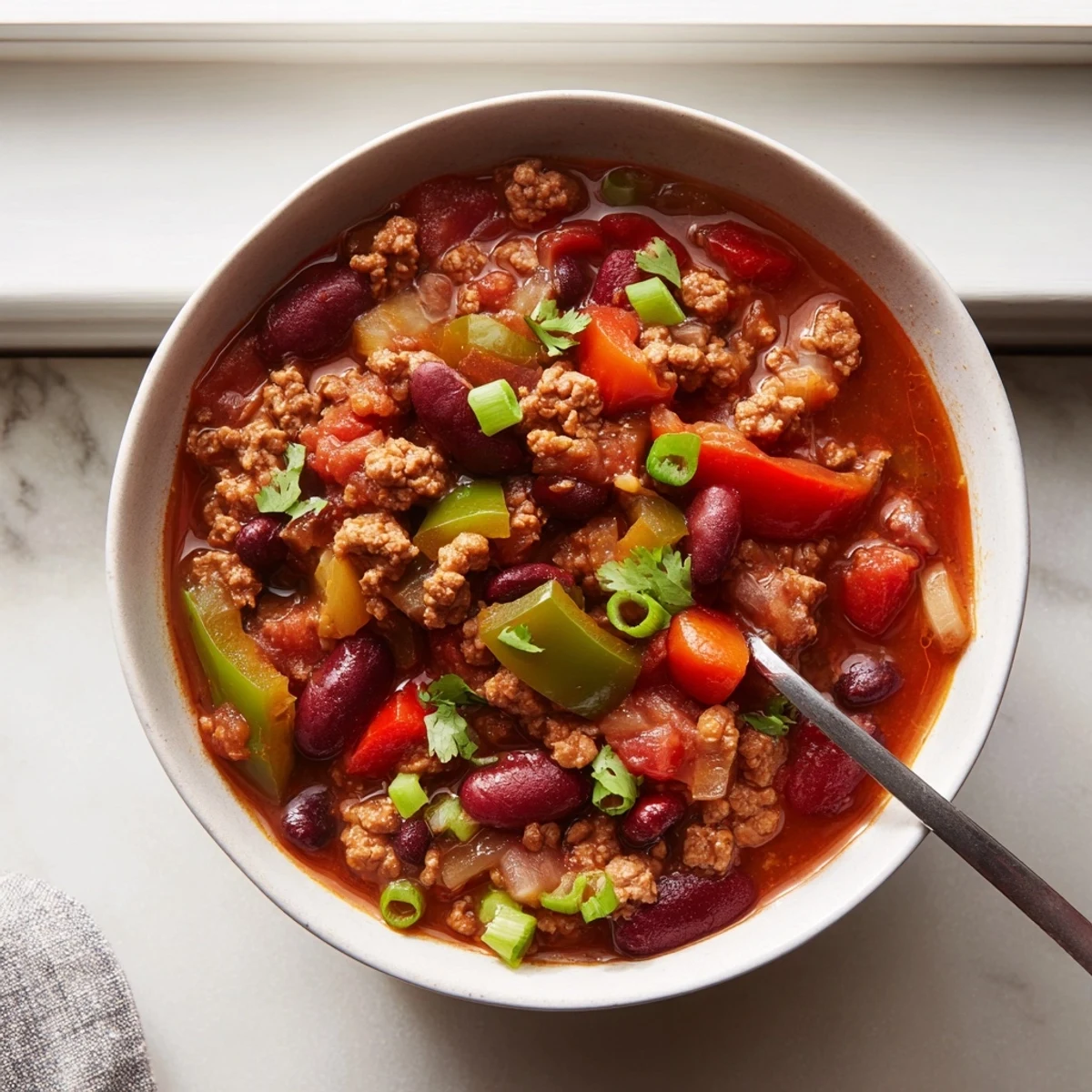 A bowl of Slow Cooker Chili with Ground Beef topped with melted cheddar, sour cream, and fresh cilantro.