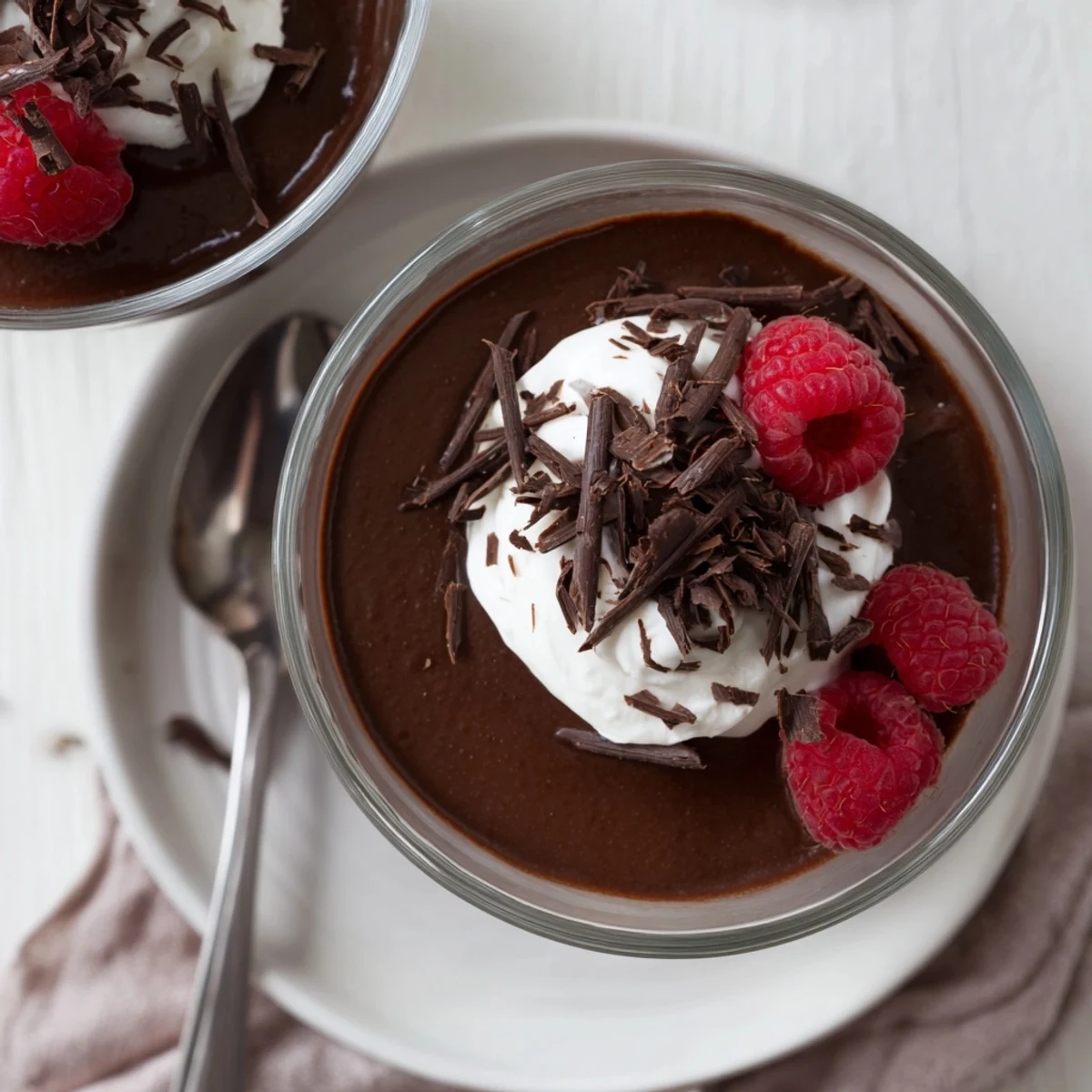 Creamy chocolate mousse with whipped cream, topped with chocolate shavings and fresh berries in elegant serving glasses.  