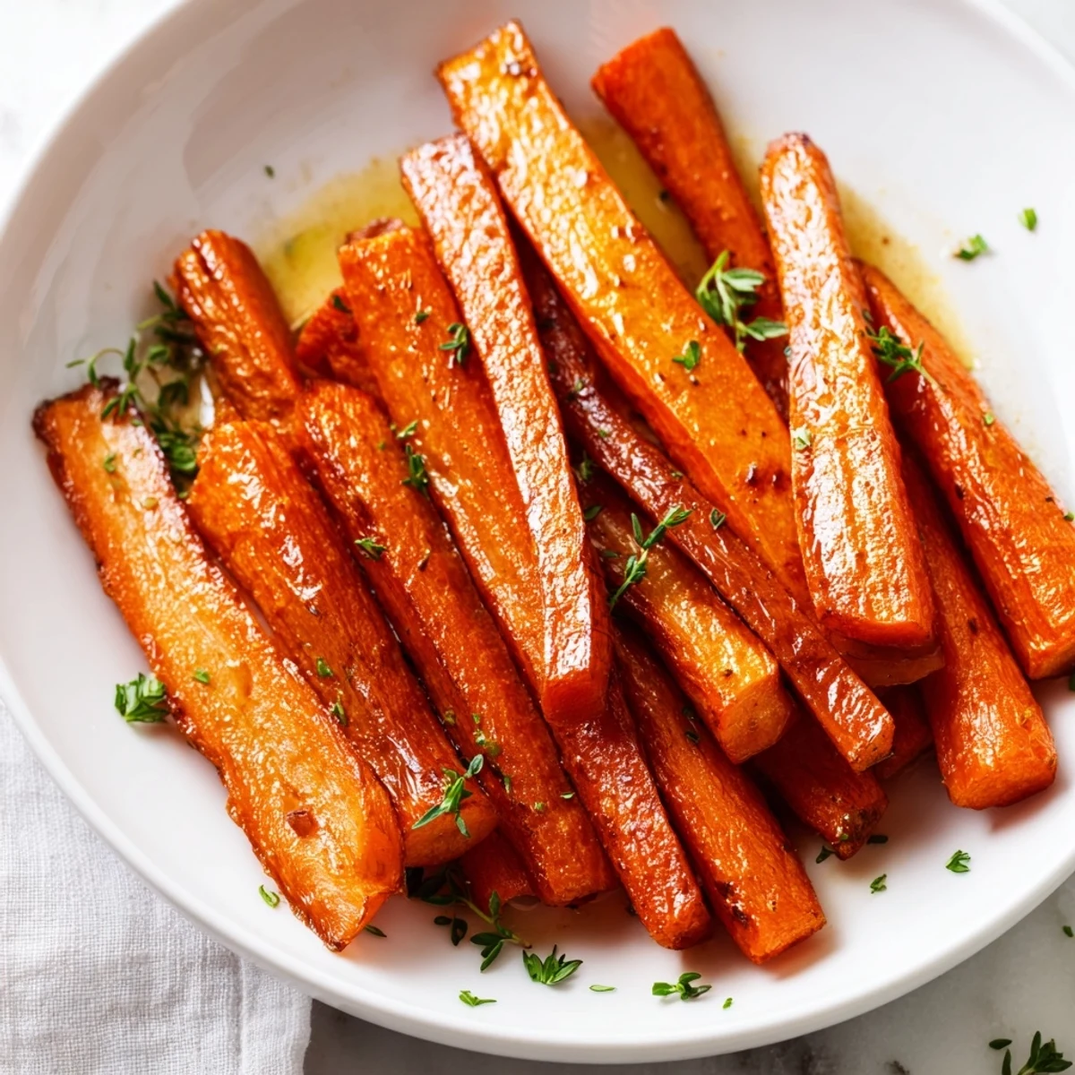 Golden roasted carrots with honey and thyme glisten on a white plate, garnished with fresh parsley.  