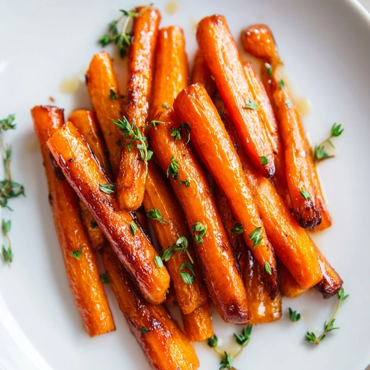 Honey-glazed roasted carrots with thyme, served warm as a vibrant side dish for dinner.  