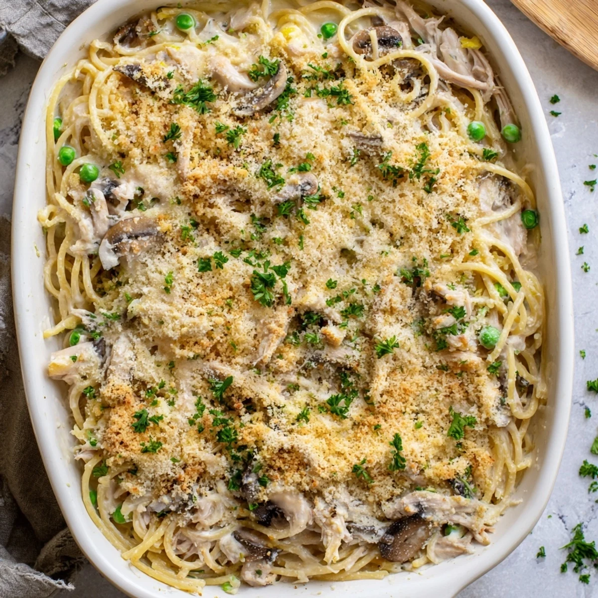 Golden, bubbling Turkey Tetrazzini with a crispy Parmesan breadcrumb topping, fresh out of the oven.