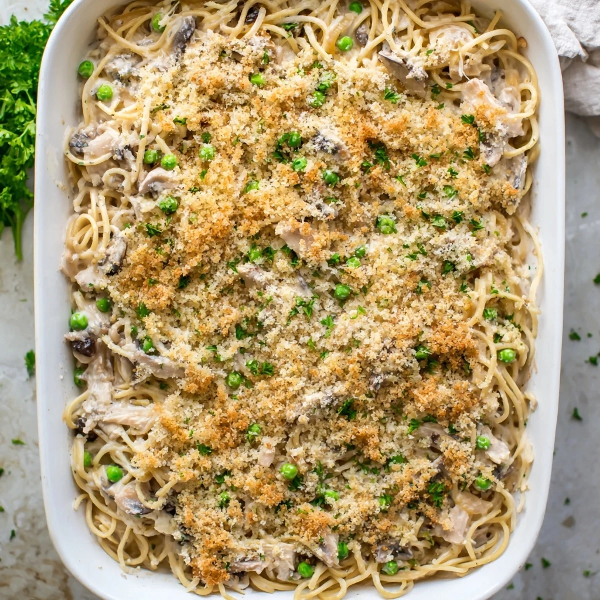 A close-up of the rich Turkey Tetrazzini showing tender turkey, peas, and al dente spaghetti.