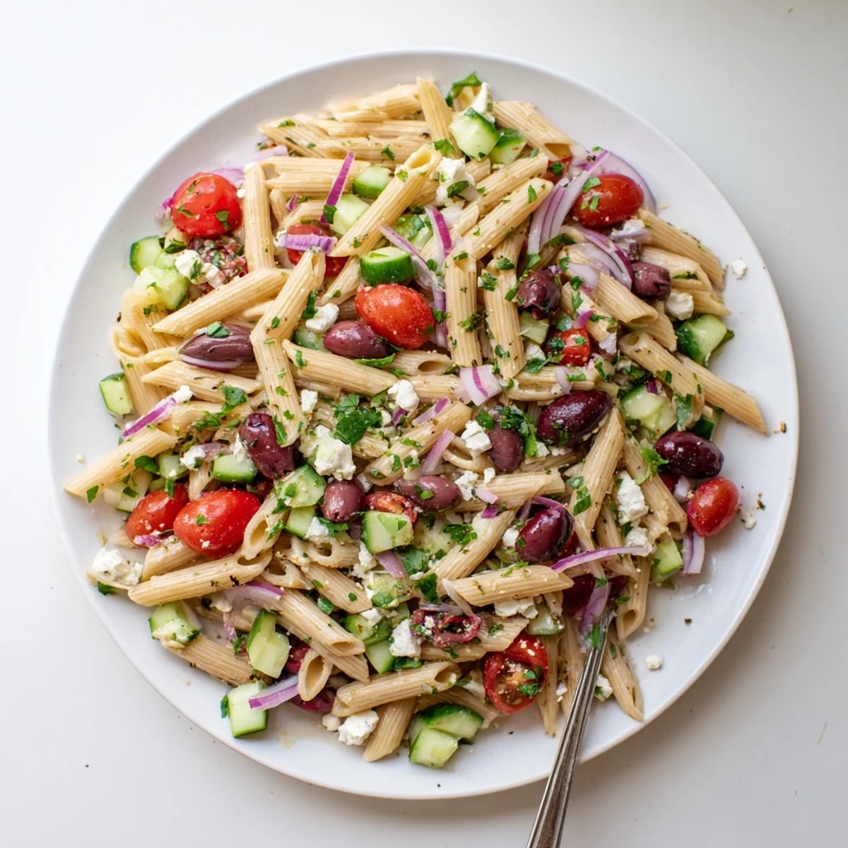 A chilled Mediterranean pasta salad with olives, perfect for a summer potluck, garnished with fresh parsley and red onions.