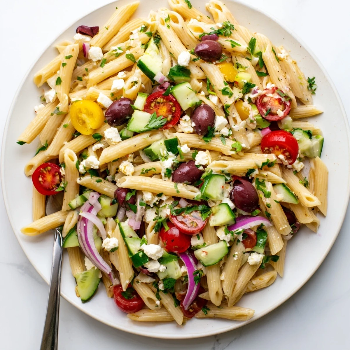 Fresh Mediterranean pasta salad with olives, crumbled feta, and vibrant cherry tomatoes and cucumbers tossed in a zesty vinaigrette.