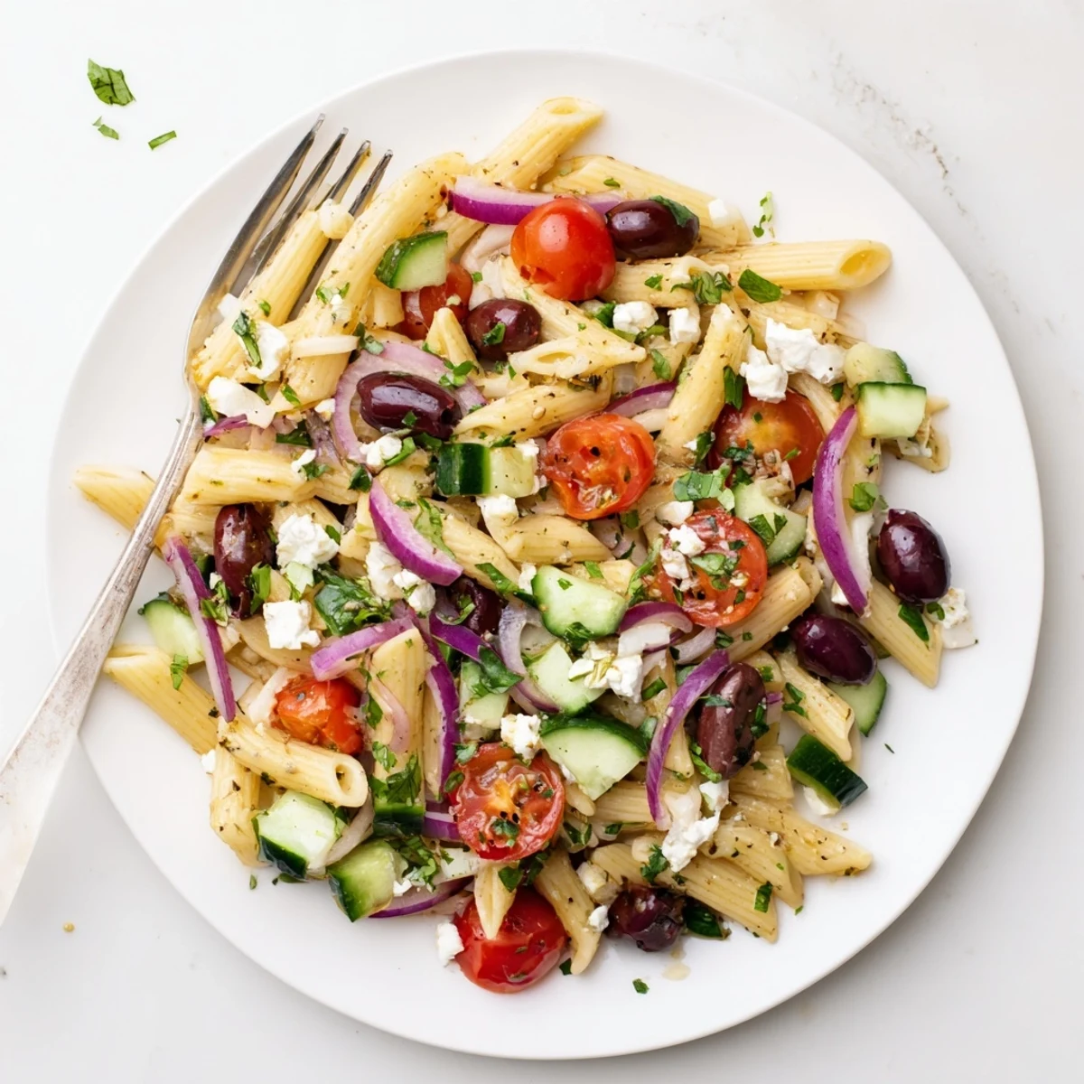 Hearty Mediterranean pasta salad featuring Kalamata olives and feta cheese, served in a bowl with a colorful mix of crisp vegetables.