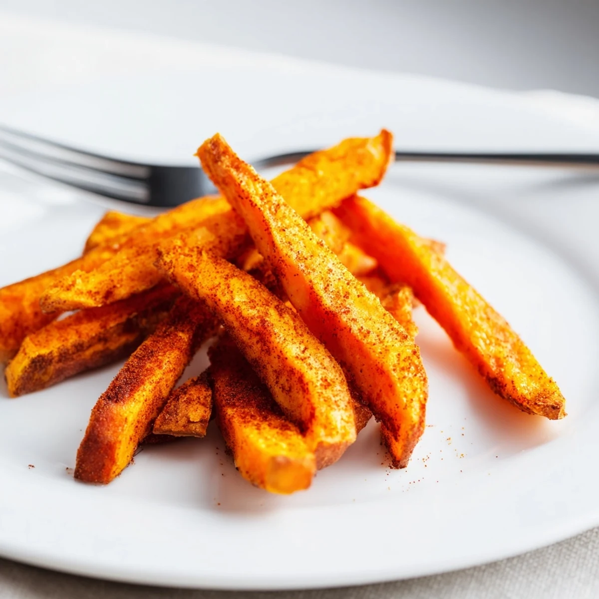 Perfectly seasoned Crispy Air Fryer Sweet Potato Fries, glistening with olive oil and paprika, arranged in a single layer for even cooking.  