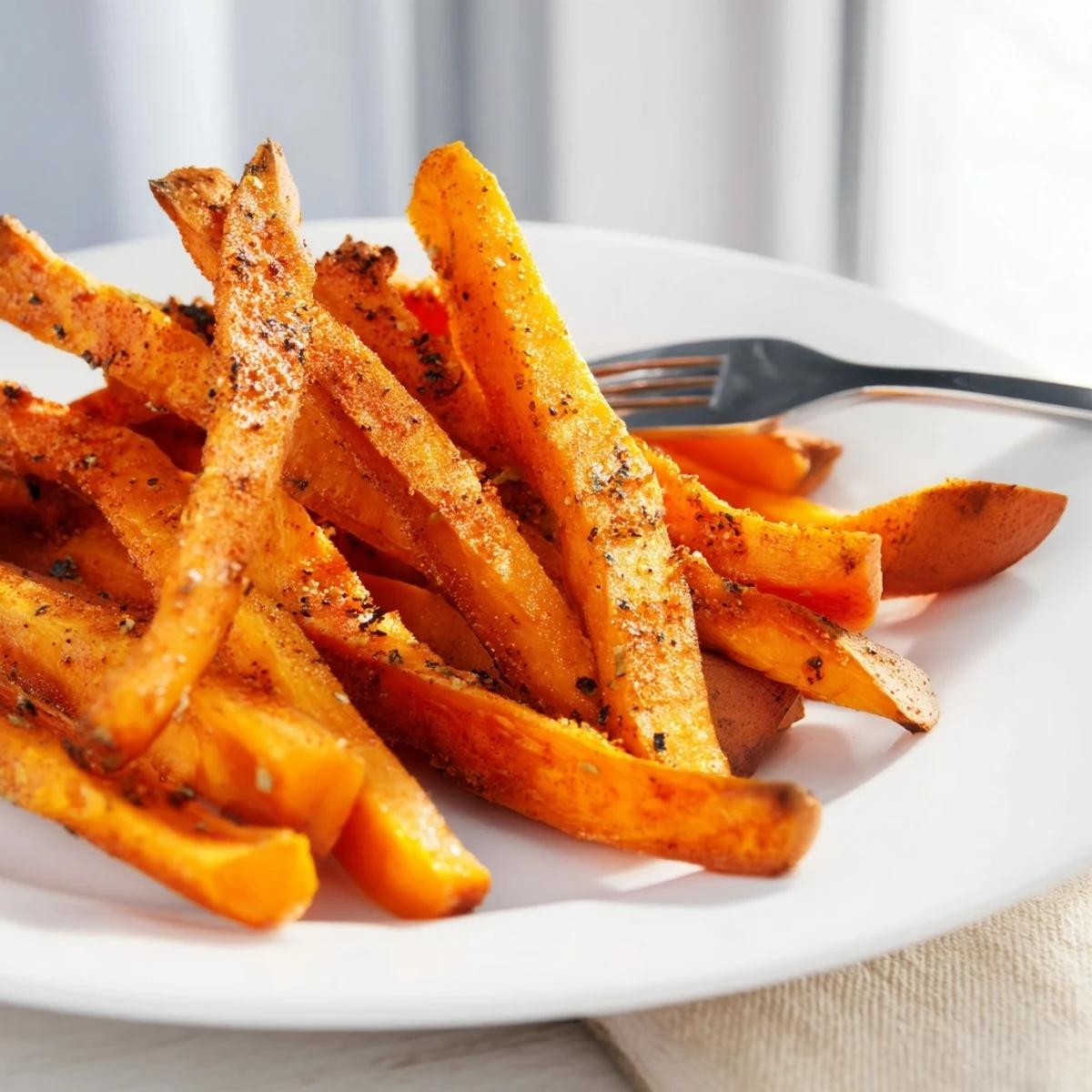 Golden Crispy Air Fryer Sweet Potato Fries piled high on a plate, ready for dipping in chipotle mayo or ketchup alongside a main dish.
