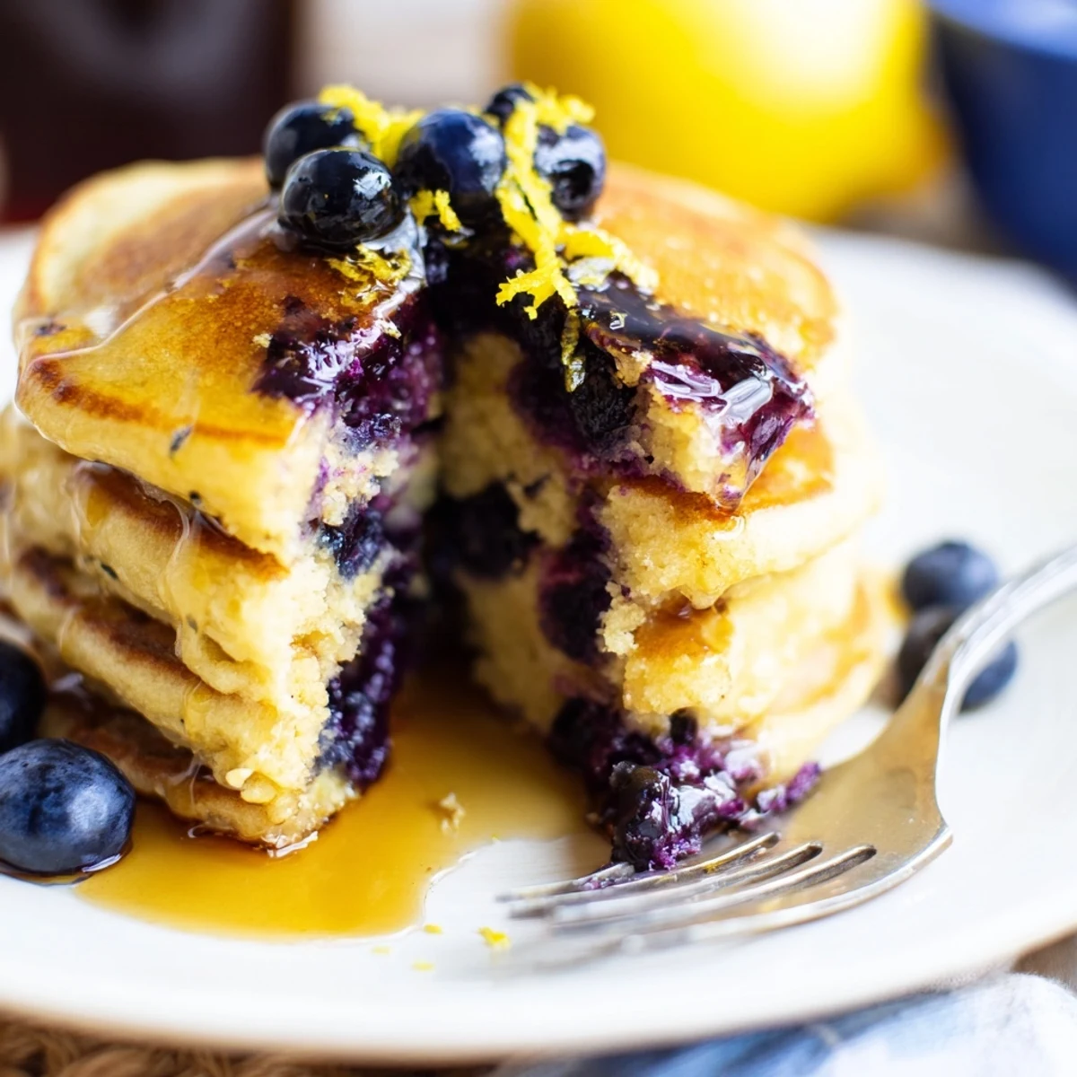 Fluffy lemon blueberry pancakes stacked high, glistening with warm maple syrup and fresh berries for a bright breakfast.