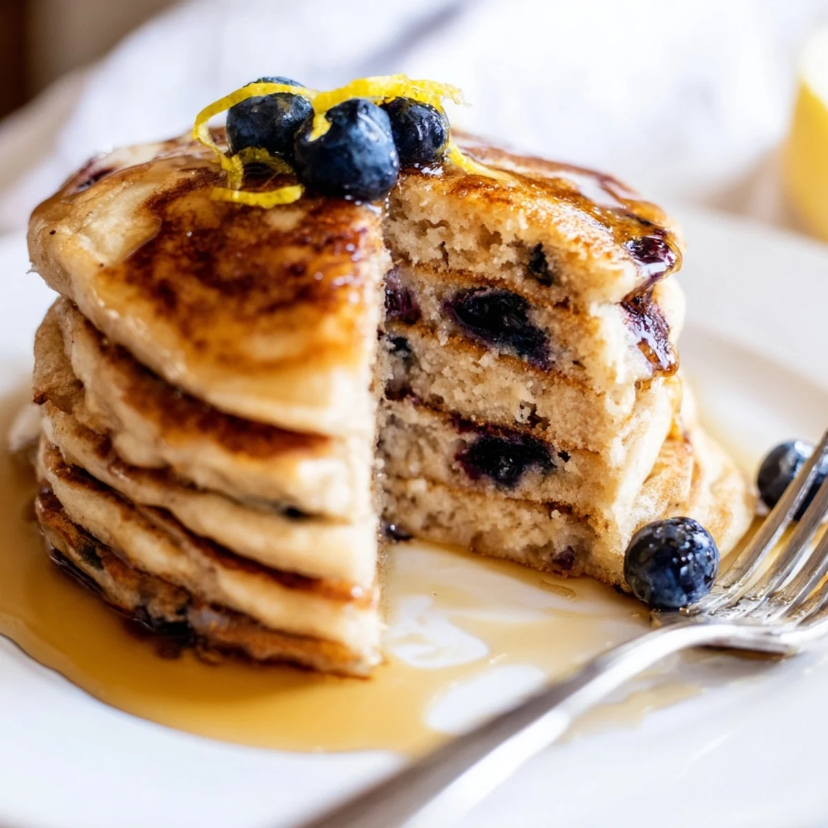 Freshly cooked lemon blueberry pancakes with visible blueberries and lemon zest, served warm with a pitcher of syrup.