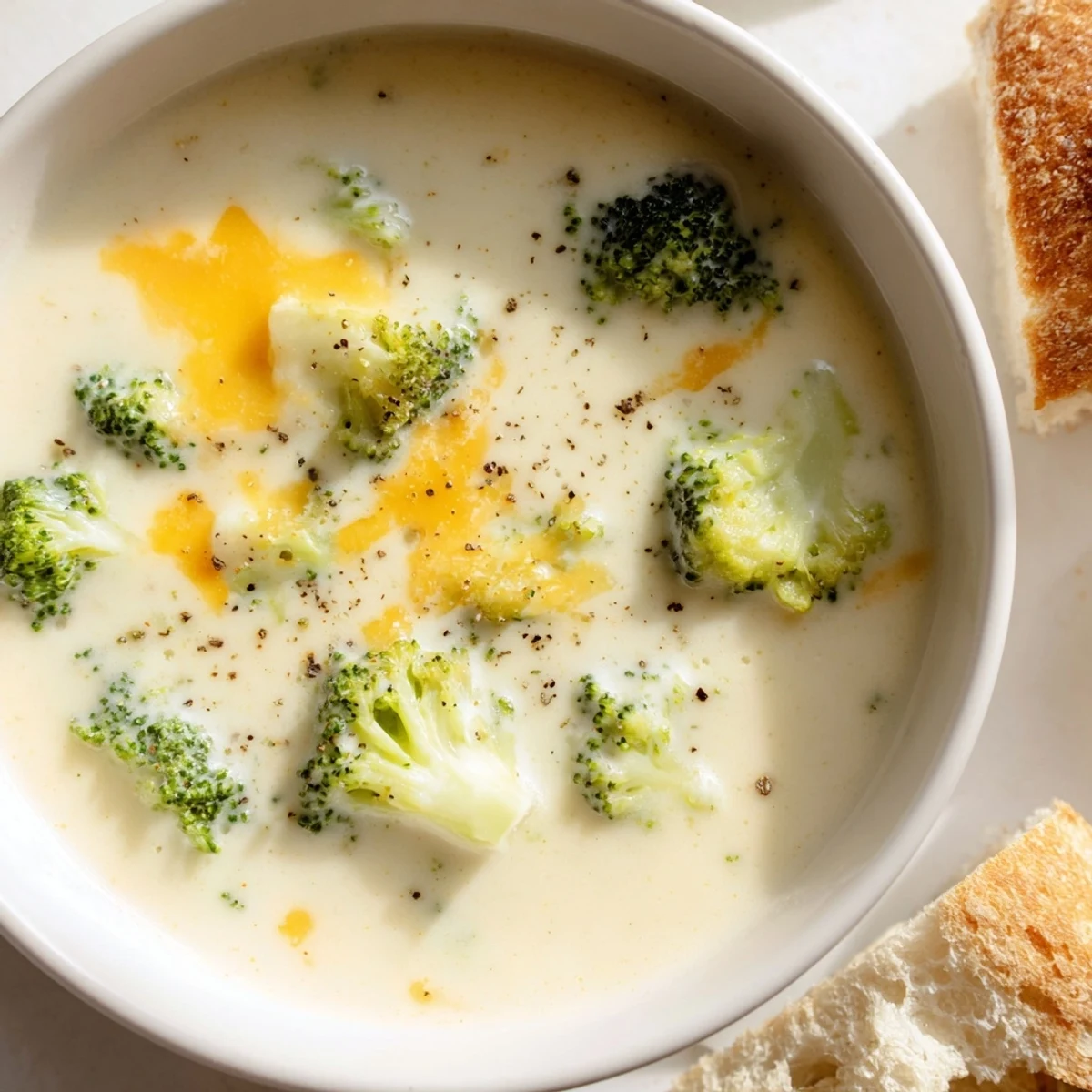 Creamy broccoli cheddar soup steaming in a white bowl, topped with sharp cheddar and served alongside a thick slice of crusty bread for dipping.
