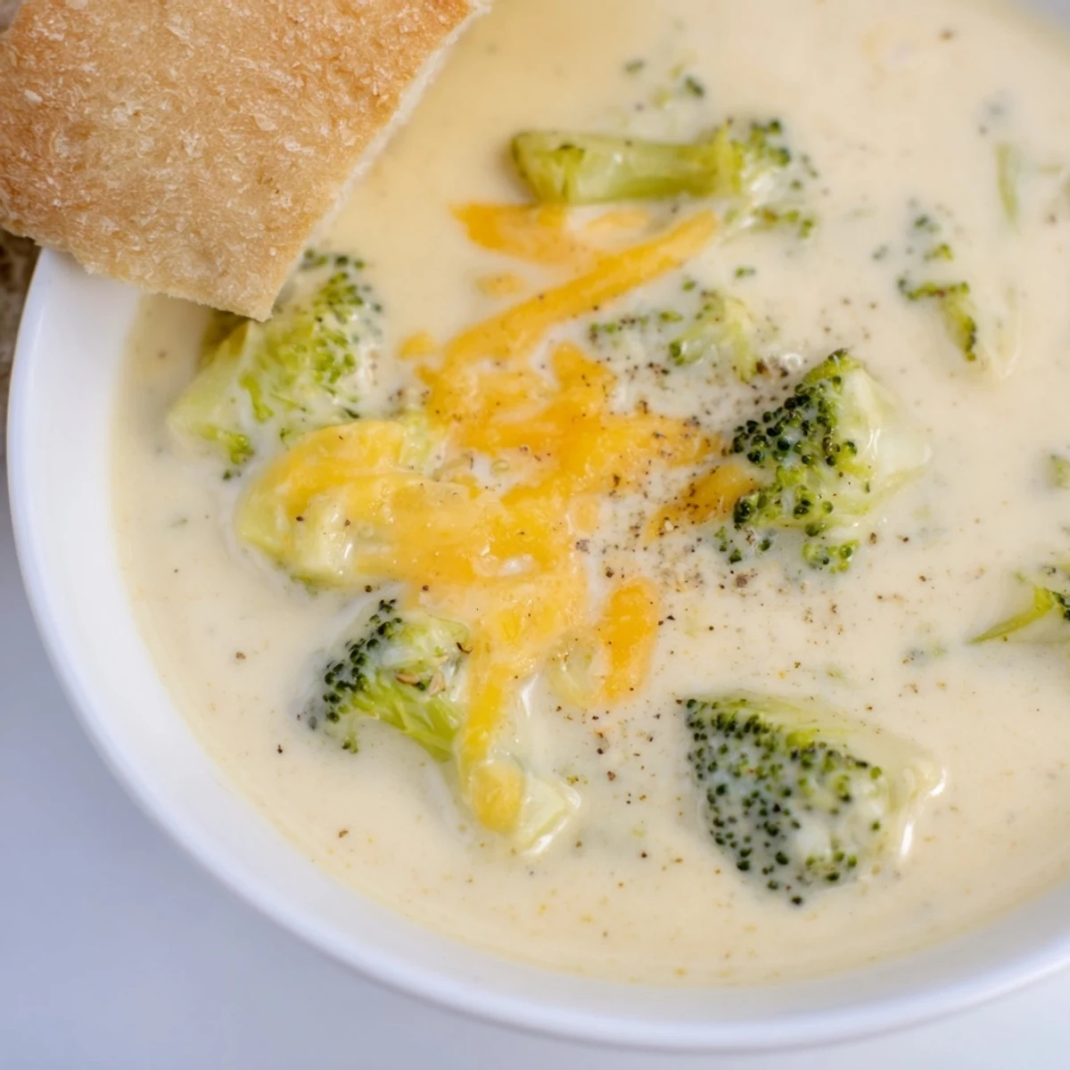 A spoon dipping into rich, creamy broccoli cheddar soup with tender broccoli florets, next to a rustic loaf of bread on a wooden table.