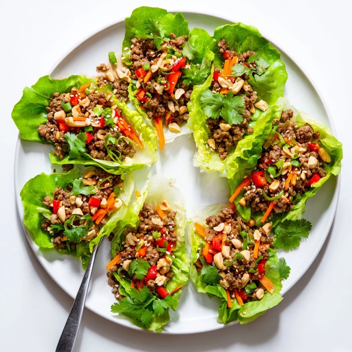 Platter of homemade beef lettuce wraps garnished with chopped peanuts, sesame seeds, and cilantro, perfect for a quick, flavorful appetizer.