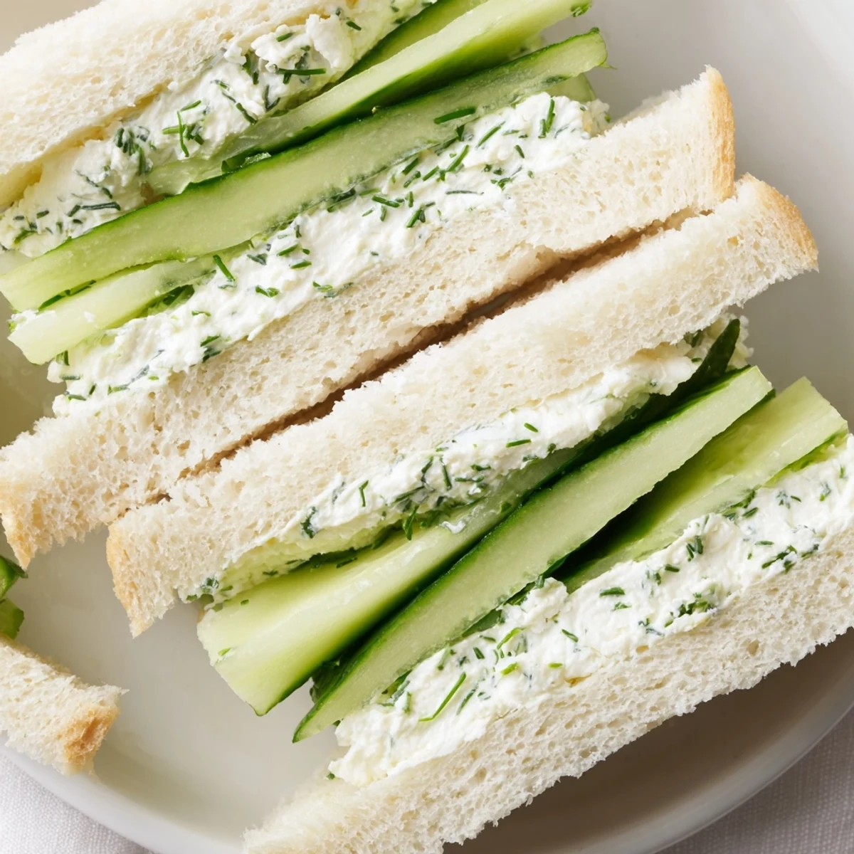 Classic Green Cucumber Sandwiches with Cream Cheese, cut into neat finger sandwiches for easy serving. The cool cucumber and chive-dill cream cheese mixture tastes refreshing and light on soft bread.