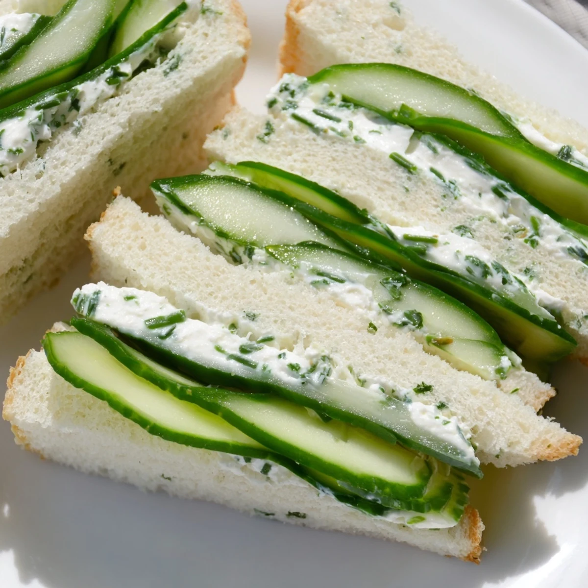 Tea party favorite Green Cucumber Sandwiches with Cream Cheese, layered with thinly sliced cucumbers and herbed spread. A perfect appetizer for brunches, offering a cool, creamy bite without crusts.
