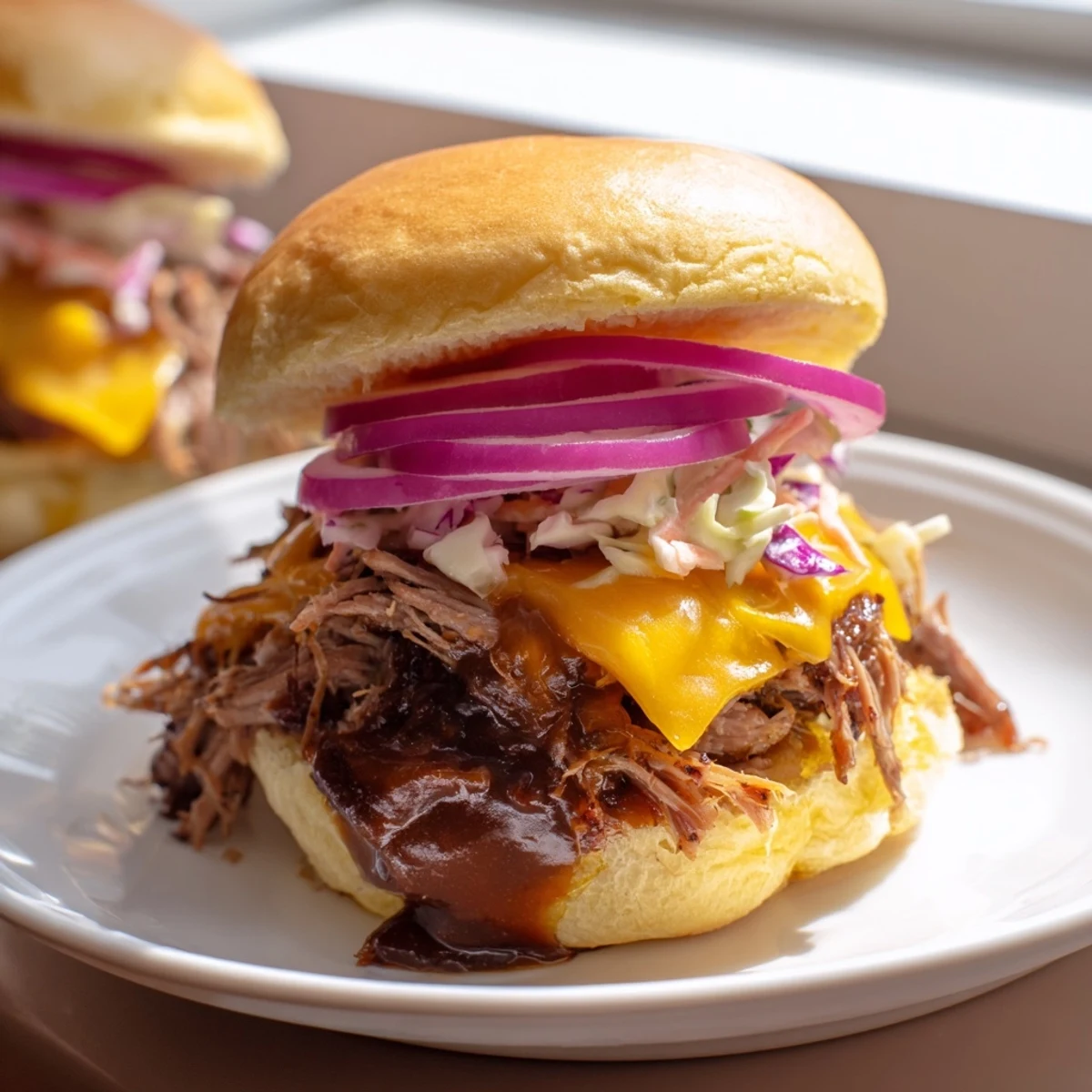 Golden slider buns filled with smoky beef brisket, coleslaw, and drippy barbecue sauce, perfect for gatherings.