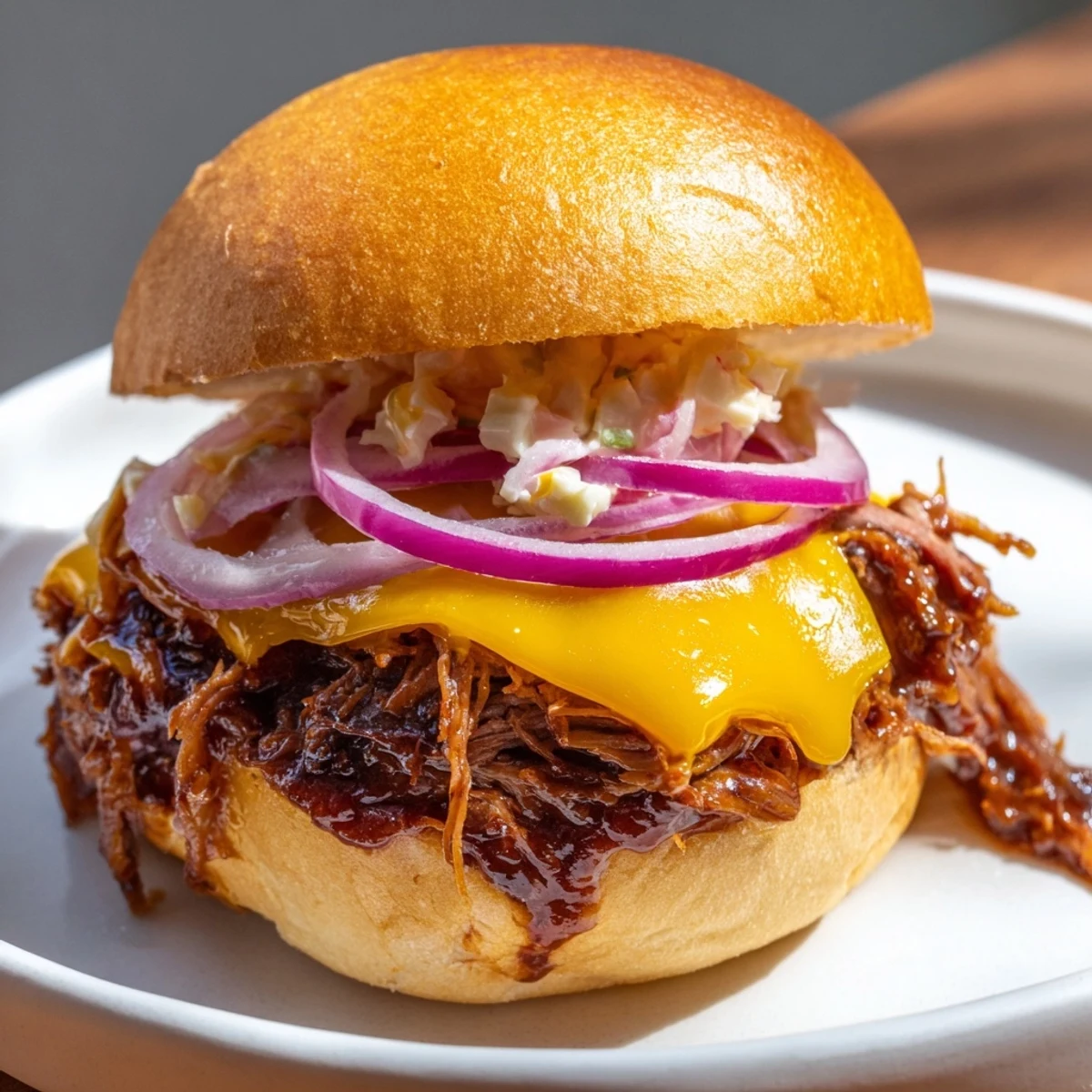 Freshly shredded brisket tossed in tangy BBQ sauce, layered with crisp red onion and cheddar cheese.