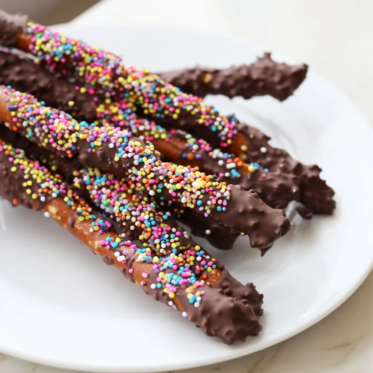 A close-up of chocolate-covered pretzels with sprinkles, showing the smooth, glossy chocolate coating and colorful toppings on a rustic baking sheet.  