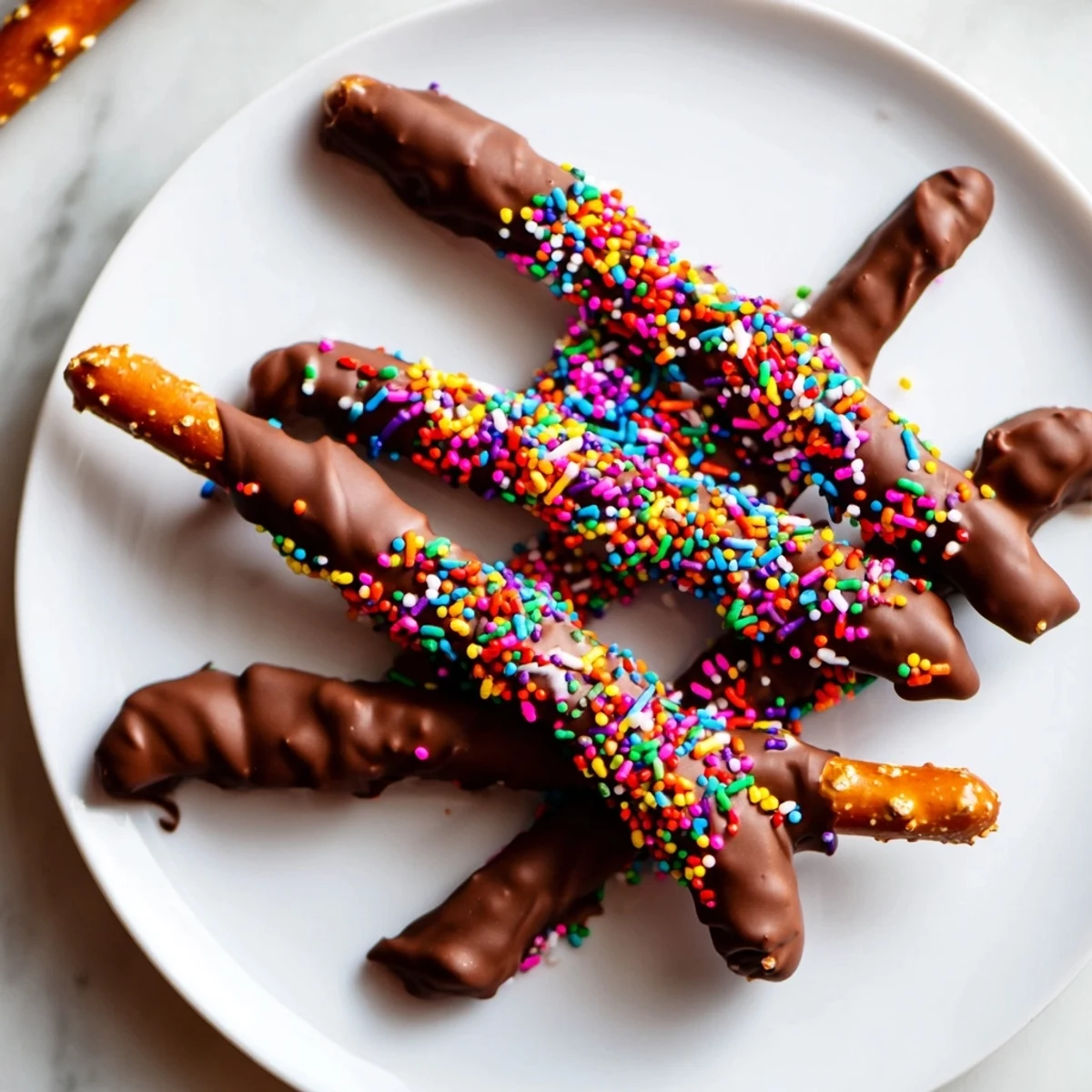 Chocolate-covered pretzels with sprinkles arranged in a festive pile, highlighting the crunchy texture and vibrant, candy-coated appearance for a sweet snack.  